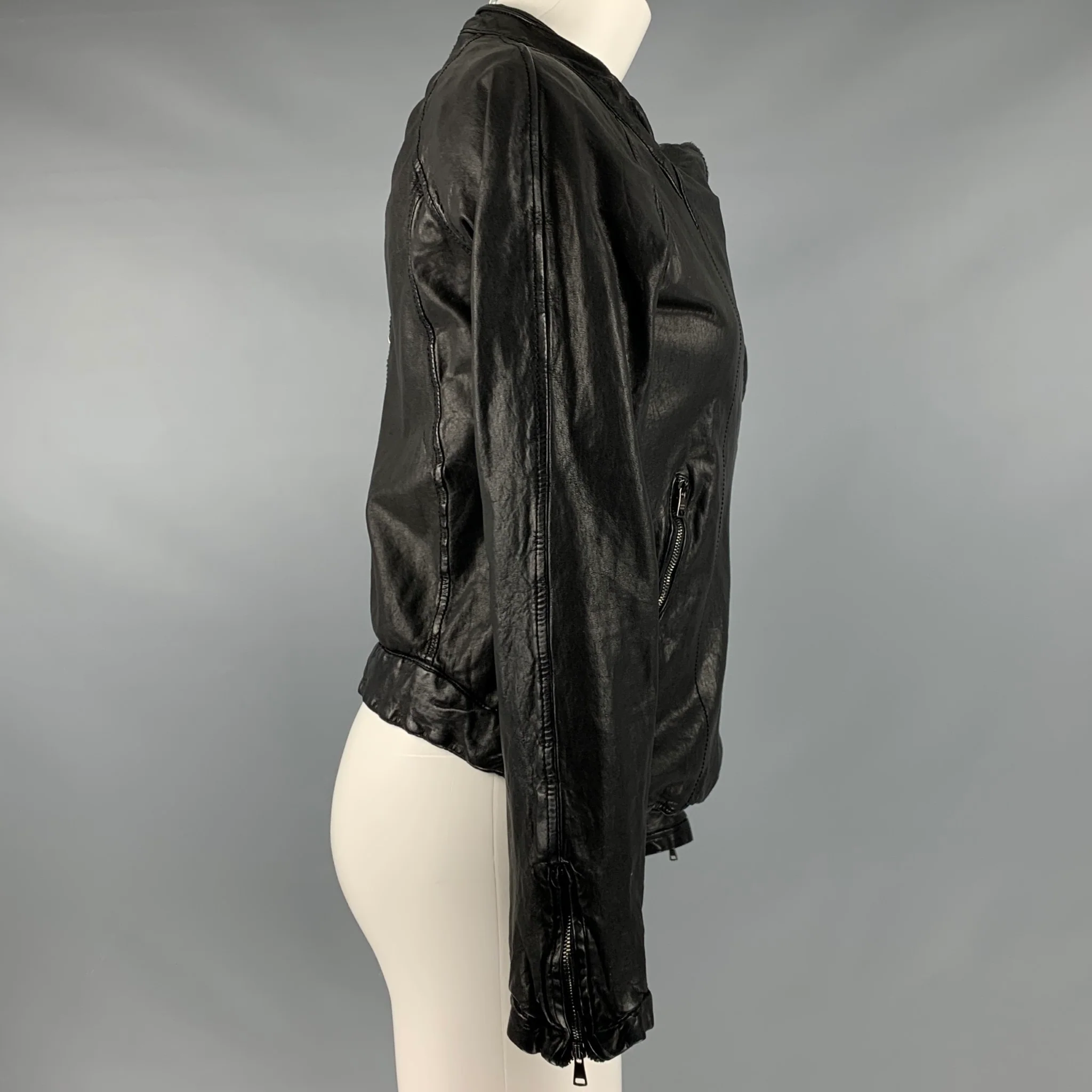 GIORGIO BRATO Size 6 Black Leather Zip Up Jacket (Outdoor) - Image 3