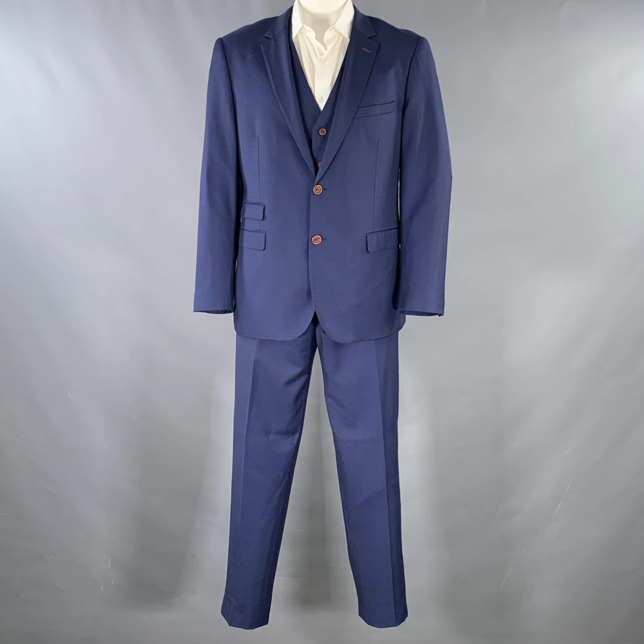 GIOVANNI BRESCIANI Size 46 Regular Blue Rust Window Pane Wool Suit - Image 3