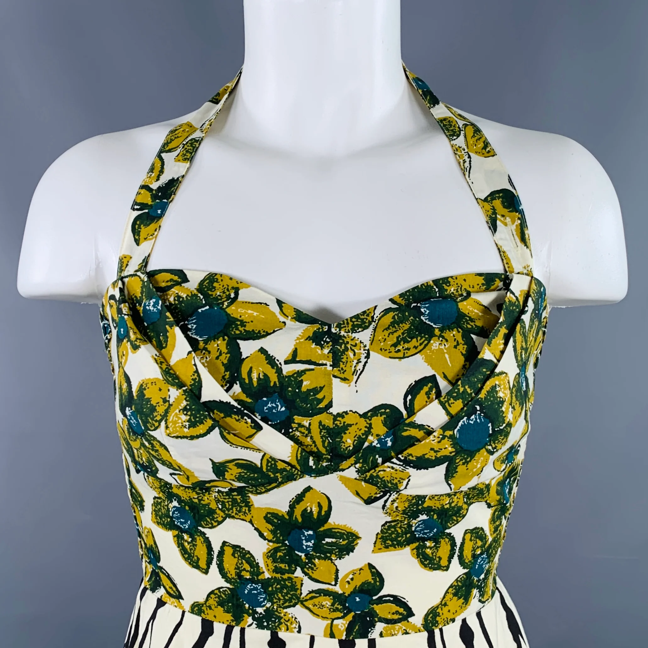 GIRLS FROM SAVOY Size 0 Cream Yellow Cotton Floral Halter Knee Length Dress - Image 2