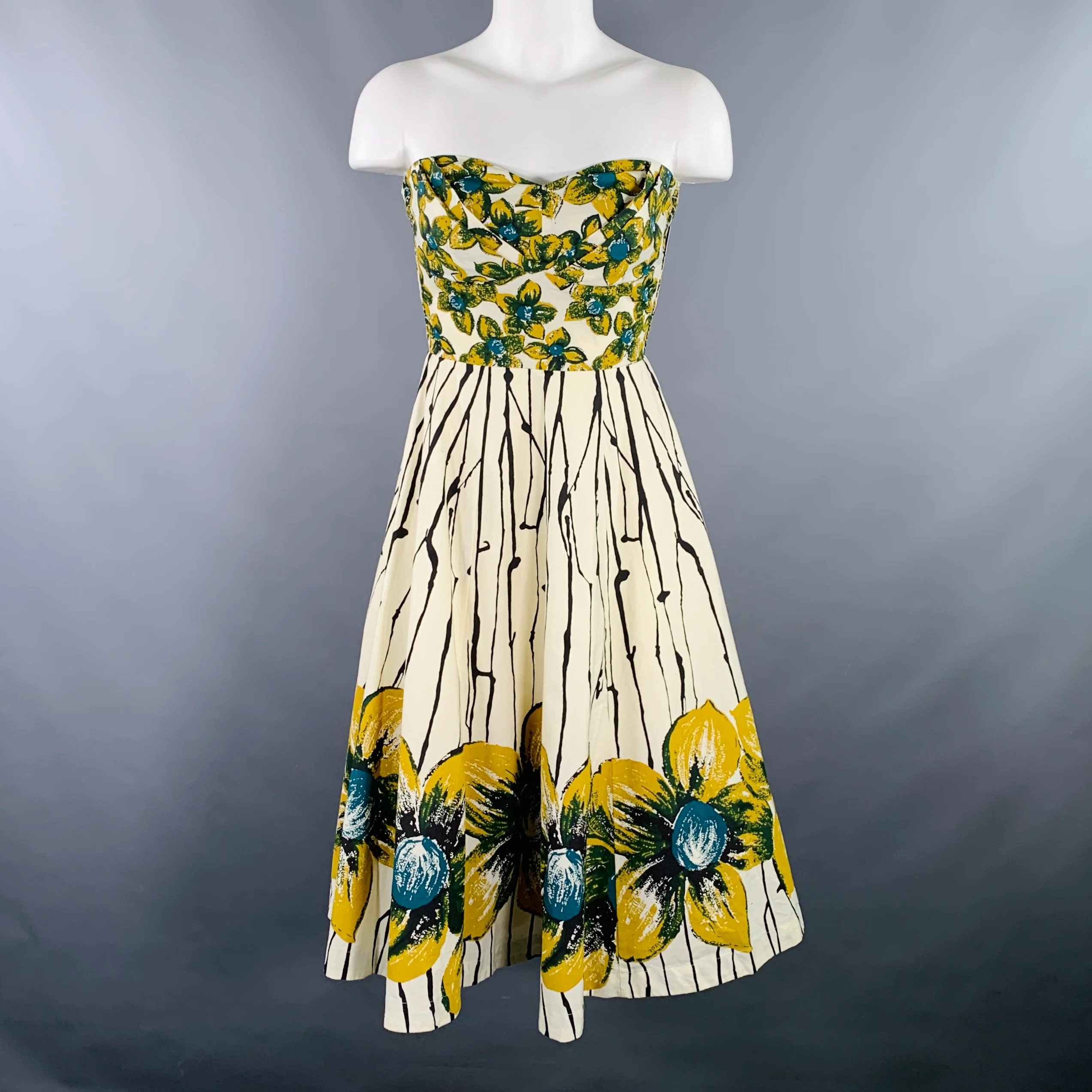 GIRLS FROM SAVOY Size 0 Cream Yellow Cotton Floral Halter Knee Length Dress - Image 3