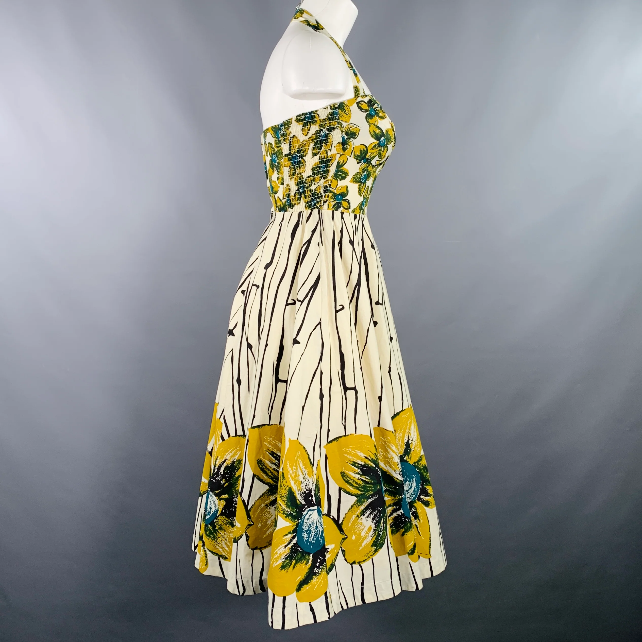 GIRLS FROM SAVOY Size 0 Cream Yellow Cotton Floral Halter Knee Length Dress - Image 4