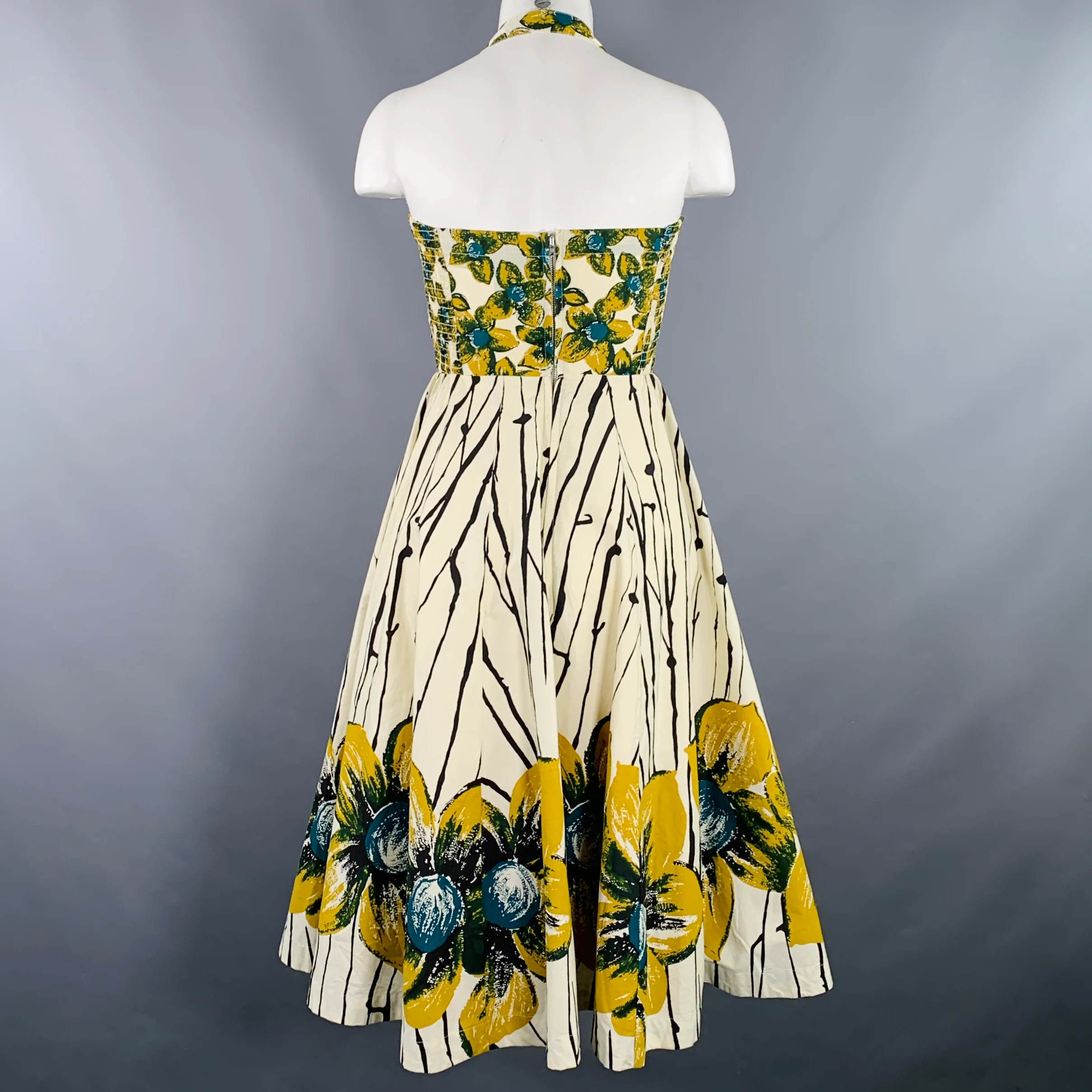 GIRLS FROM SAVOY Size 0 Cream Yellow Cotton Floral Halter Knee Length Dress - Image 5
