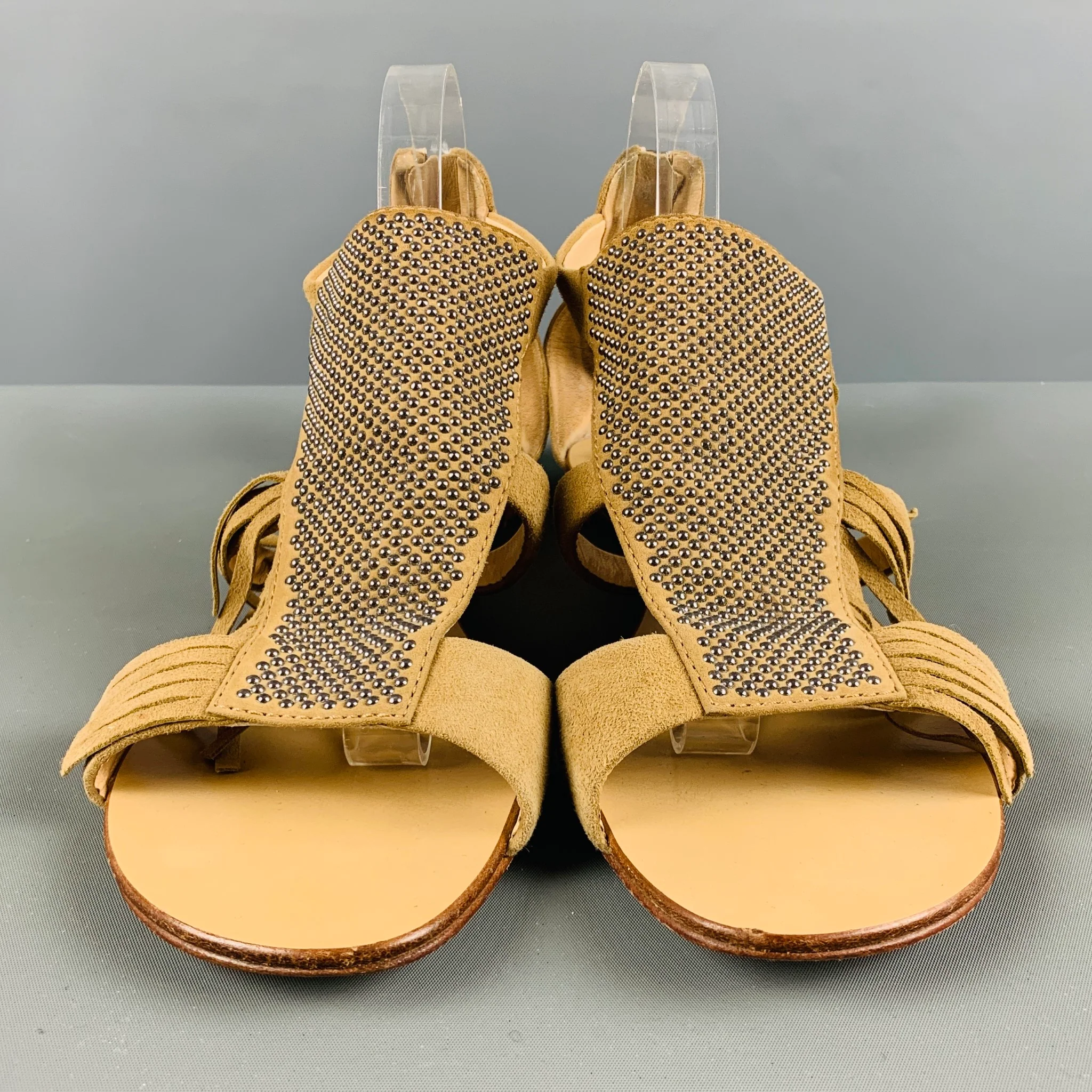 GIUSEPPE ZANOTTI Size 10 Beige Suede Studded Fringed Sandals - Image 4