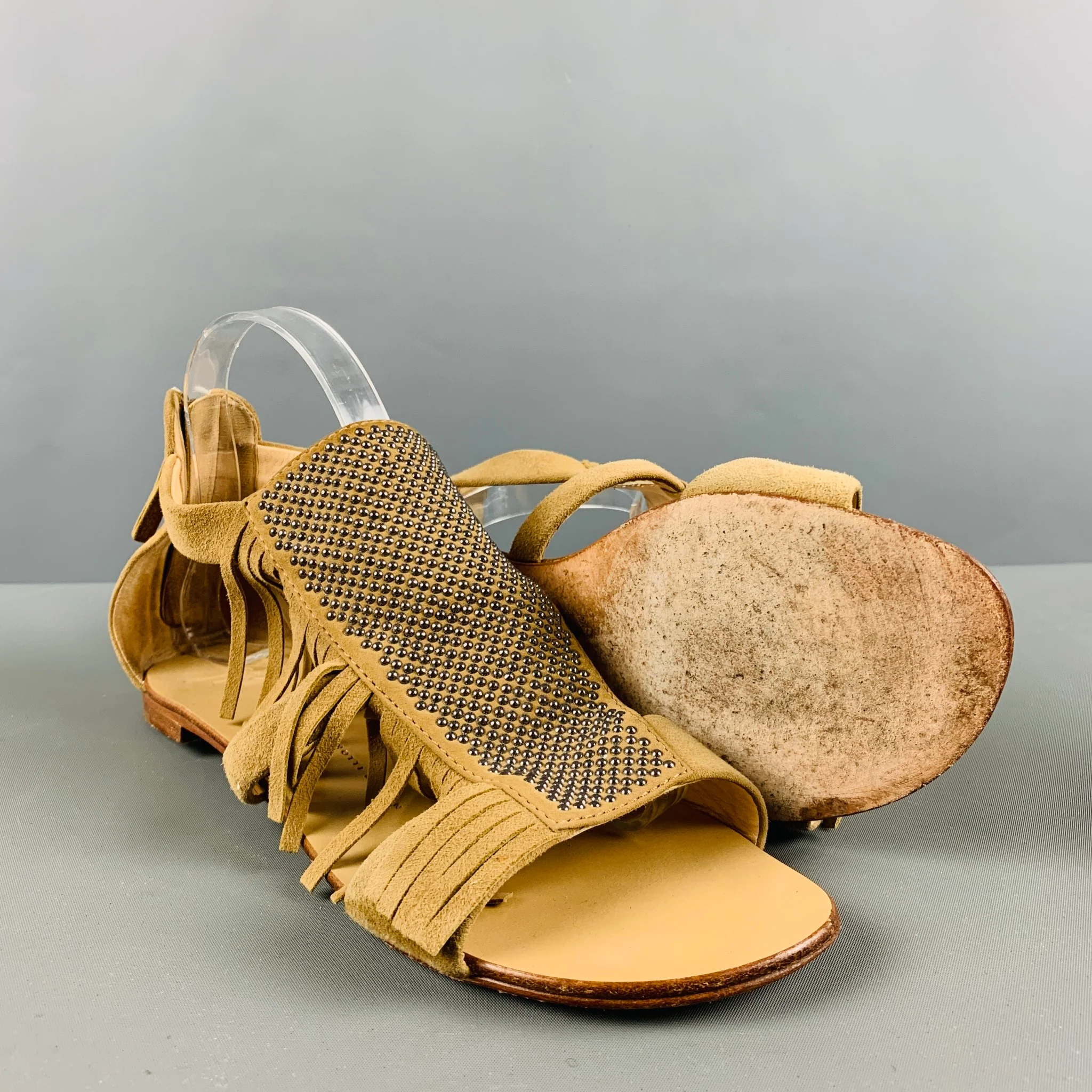 GIUSEPPE ZANOTTI Size 10 Beige Suede Studded Fringed Sandals - Image 5