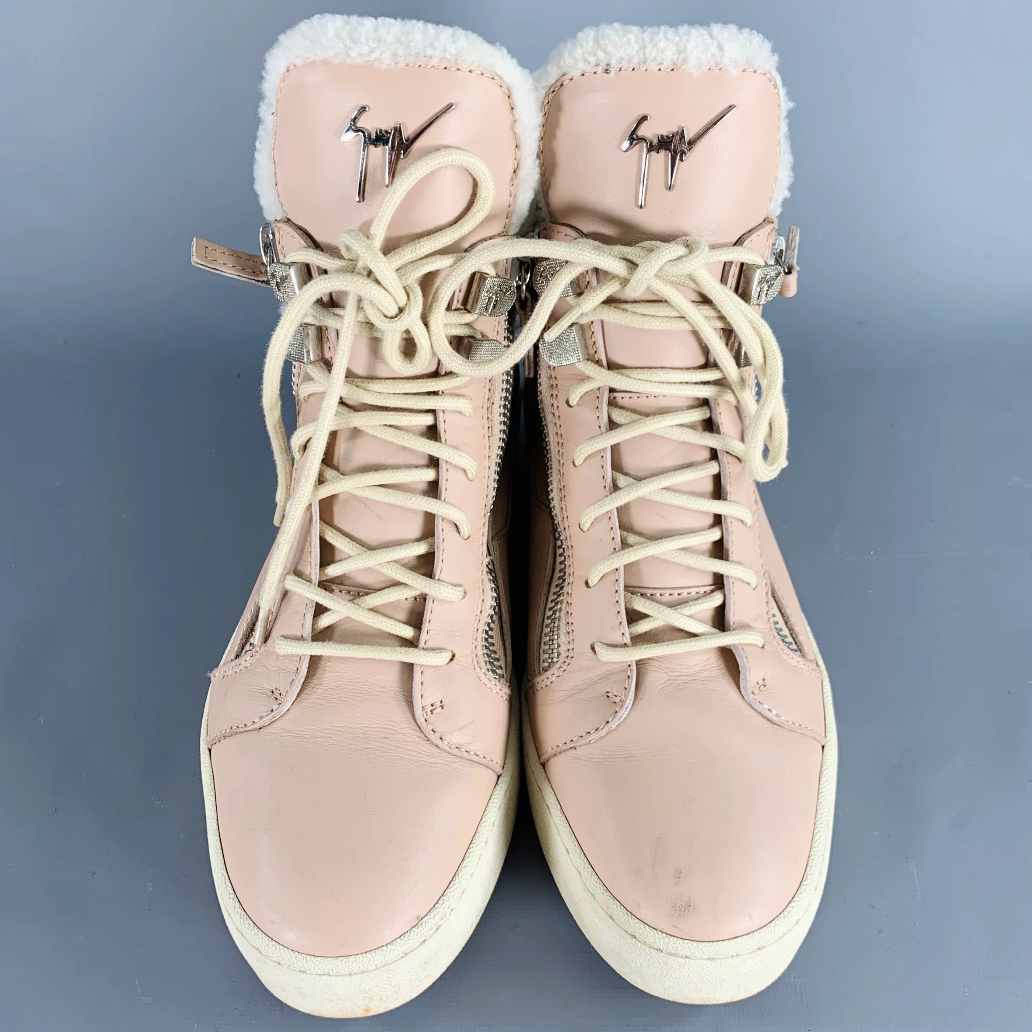 GIUSEPPE ZANOTTI Size 10 Pink Cream Leather High Top Lace-Up Sneakers - Image 4