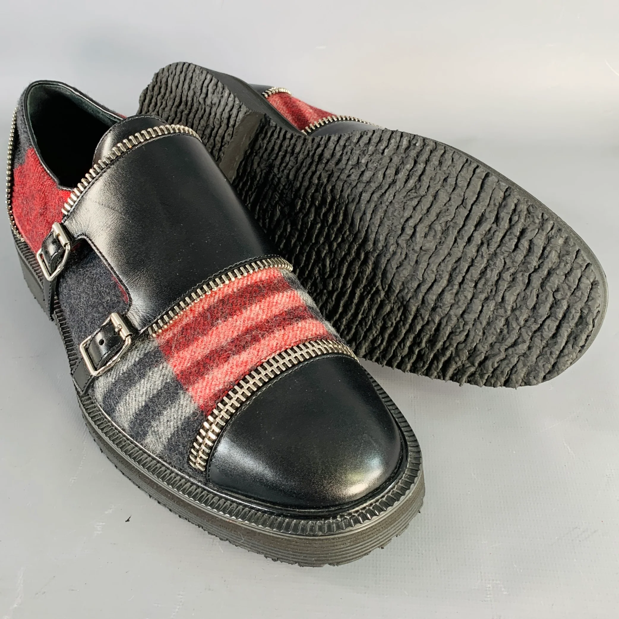 GIUSEPPE ZANOTTI Size 11 Black Red Plaid Leather Monk Strap Loafers Shoes - Image 5