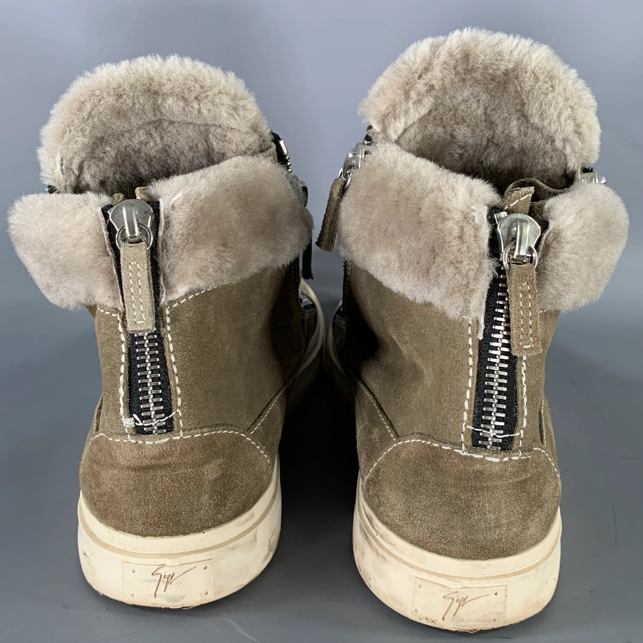 GIUSEPPE ZANOTTI Size 11 Green Olive Contrast Stitch Suede High Top Sneakers - Image 3
