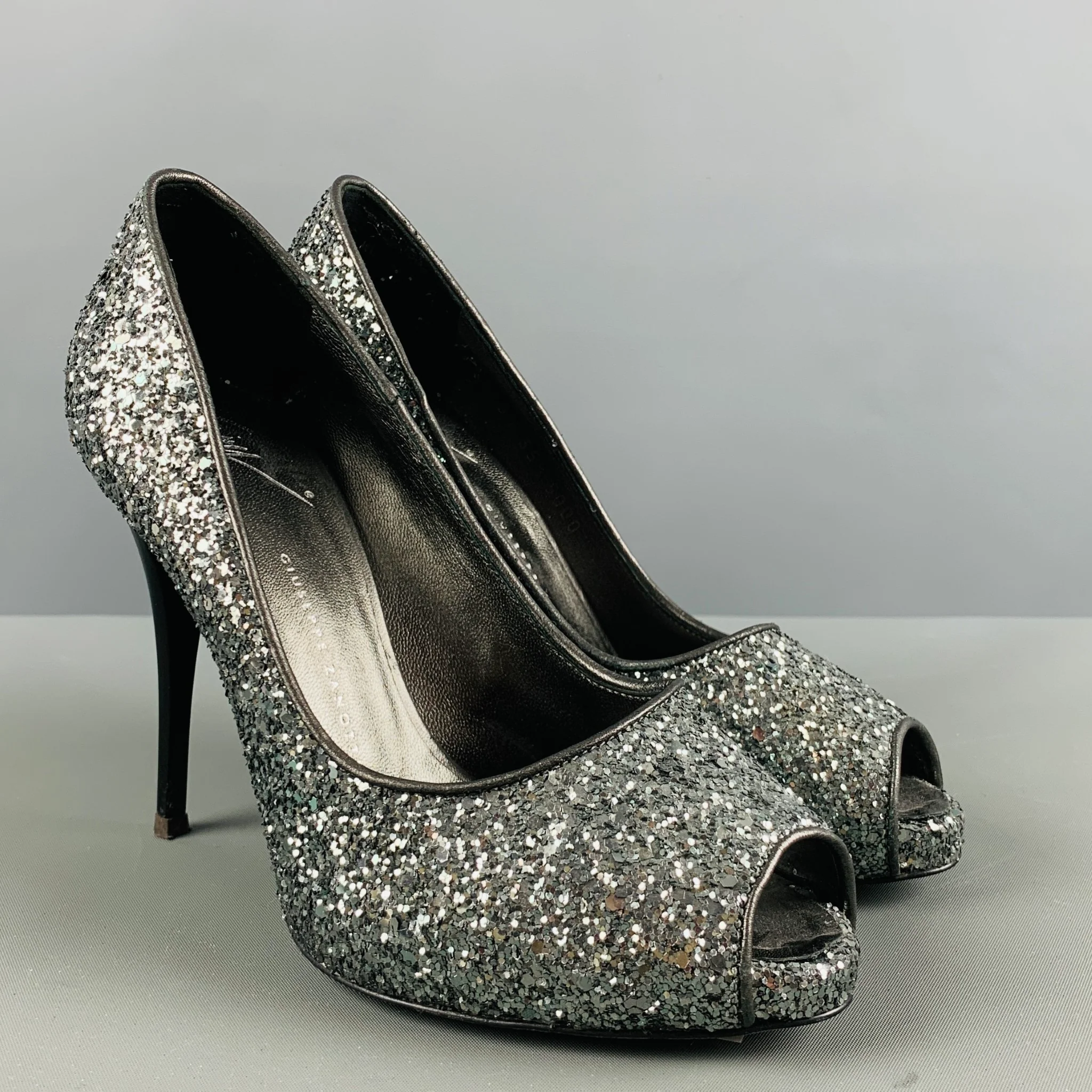 GIUSEPPE ZANOTTI Size 5.5 Silver Glitter Peep Toe Pumps