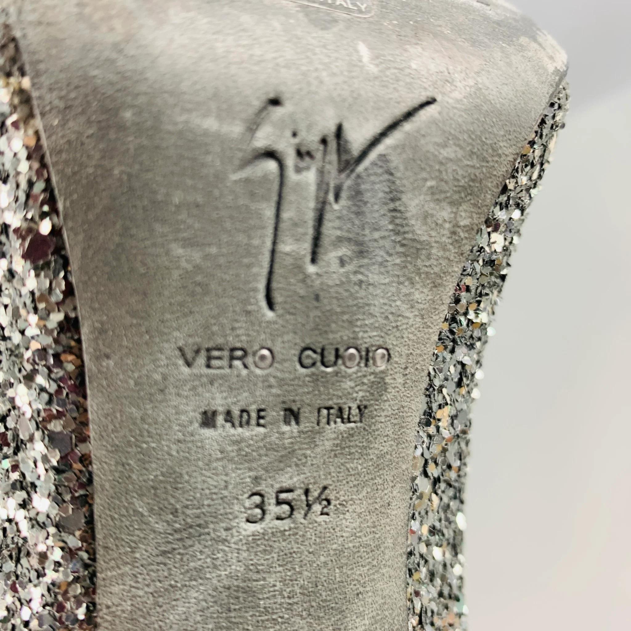 GIUSEPPE ZANOTTI Size 5.5 Silver Glitter Peep Toe Pumps - Image 6