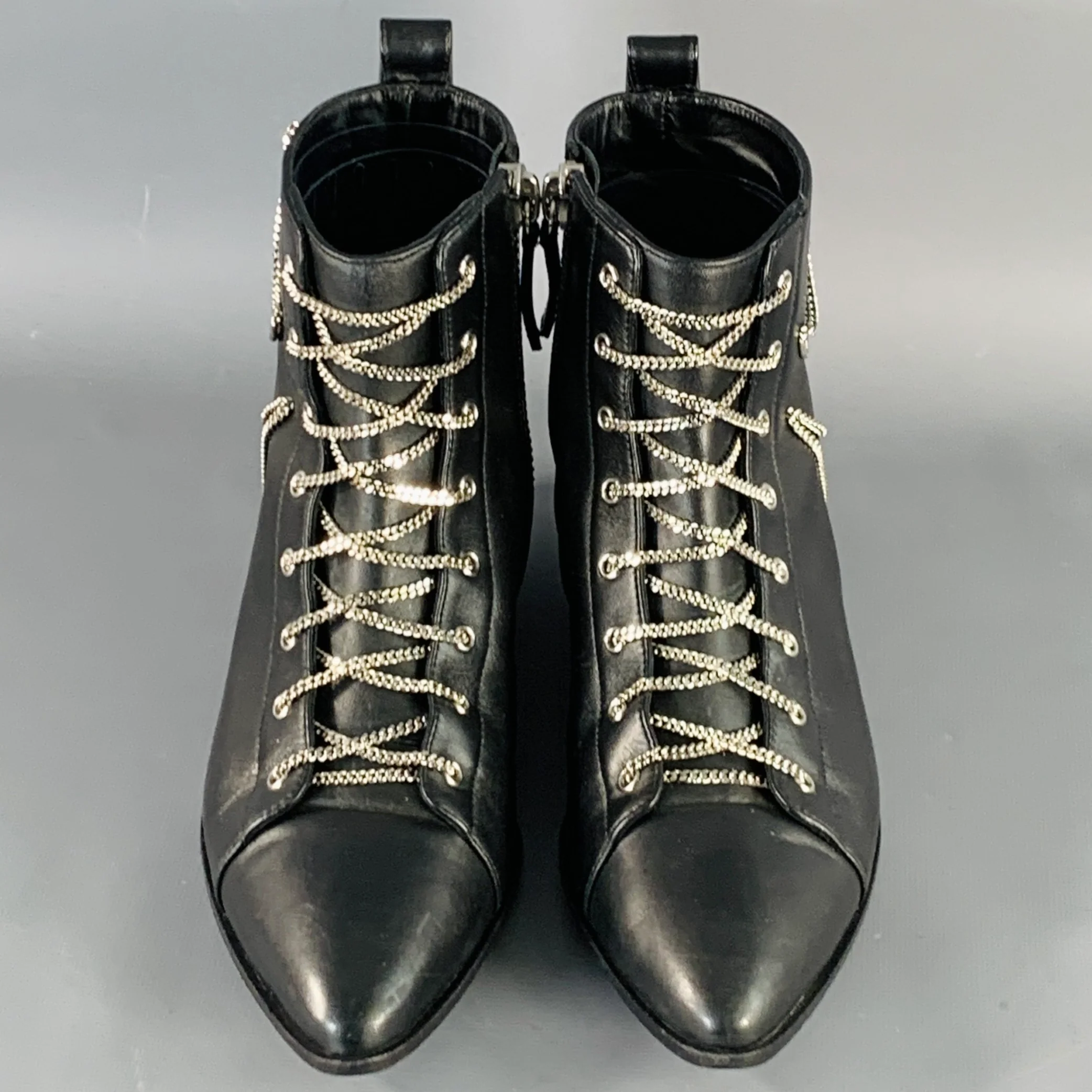 GIUSEPPE ZANOTTI Size 5 Black Leather Chain Side Zipper Ankle Boots - Image 4