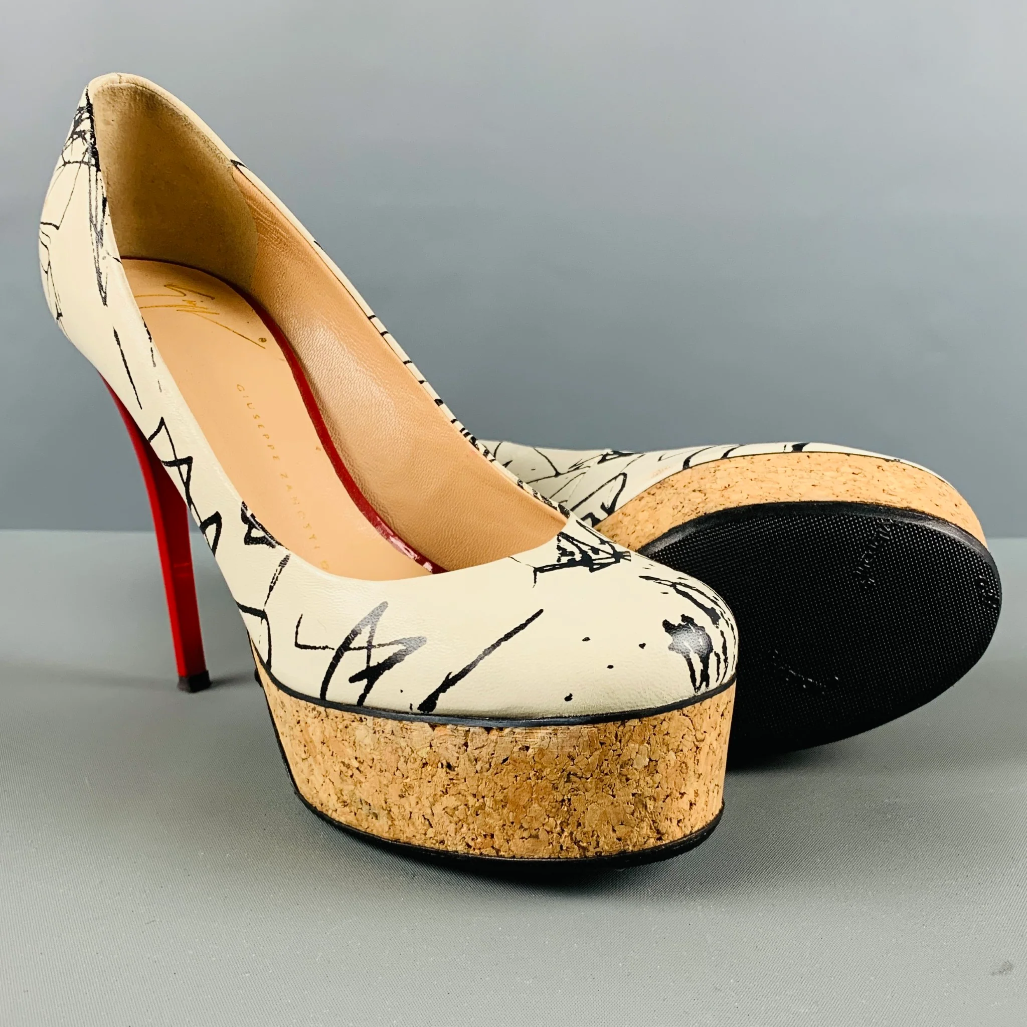 GIUSEPPE ZANOTTI Size 6 Cream Black Leather Marbled Platform Pumps - Image 5
