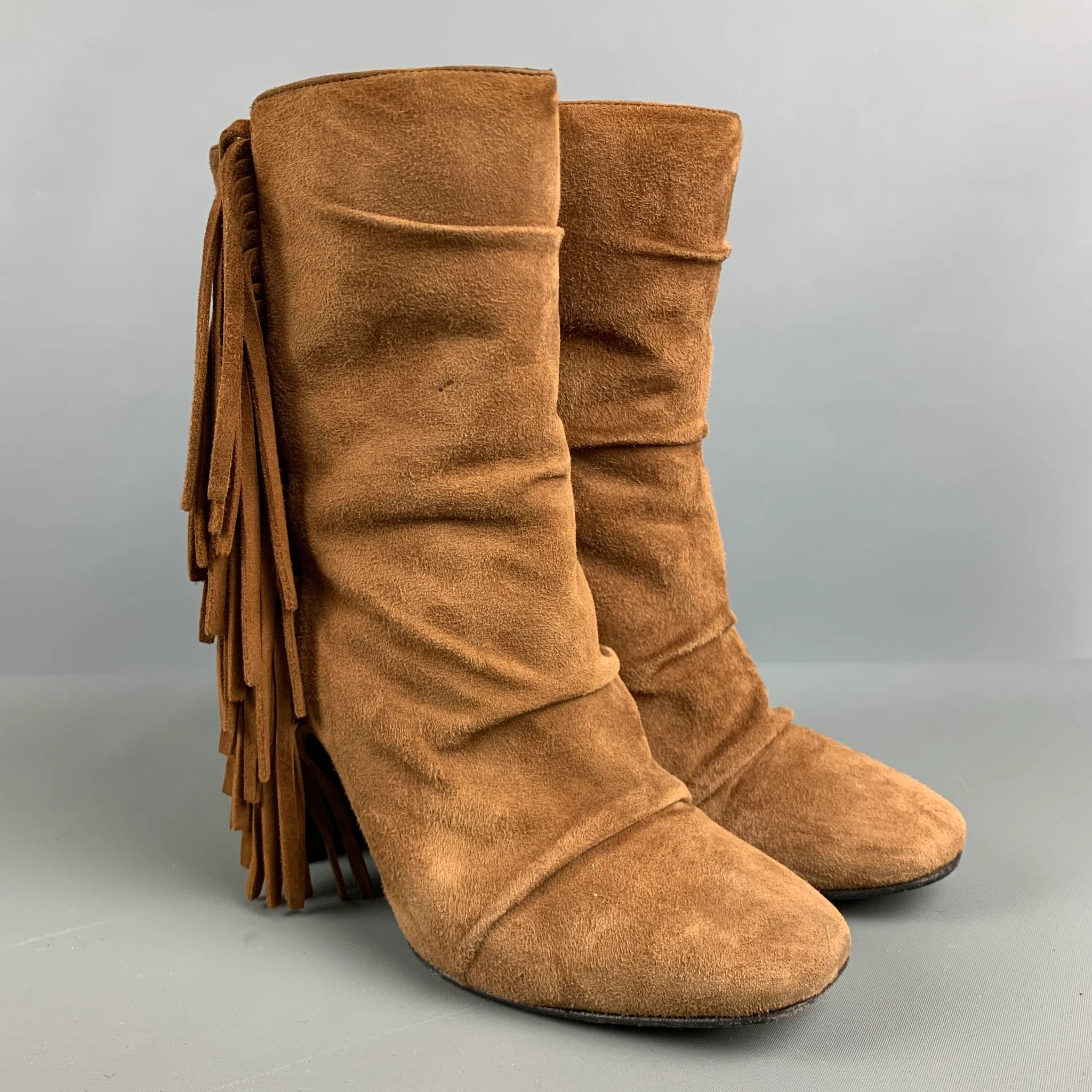 GIUSEPPE ZANOTTI Size 7.5 Brown Suede Fringe Chunky heel Boots