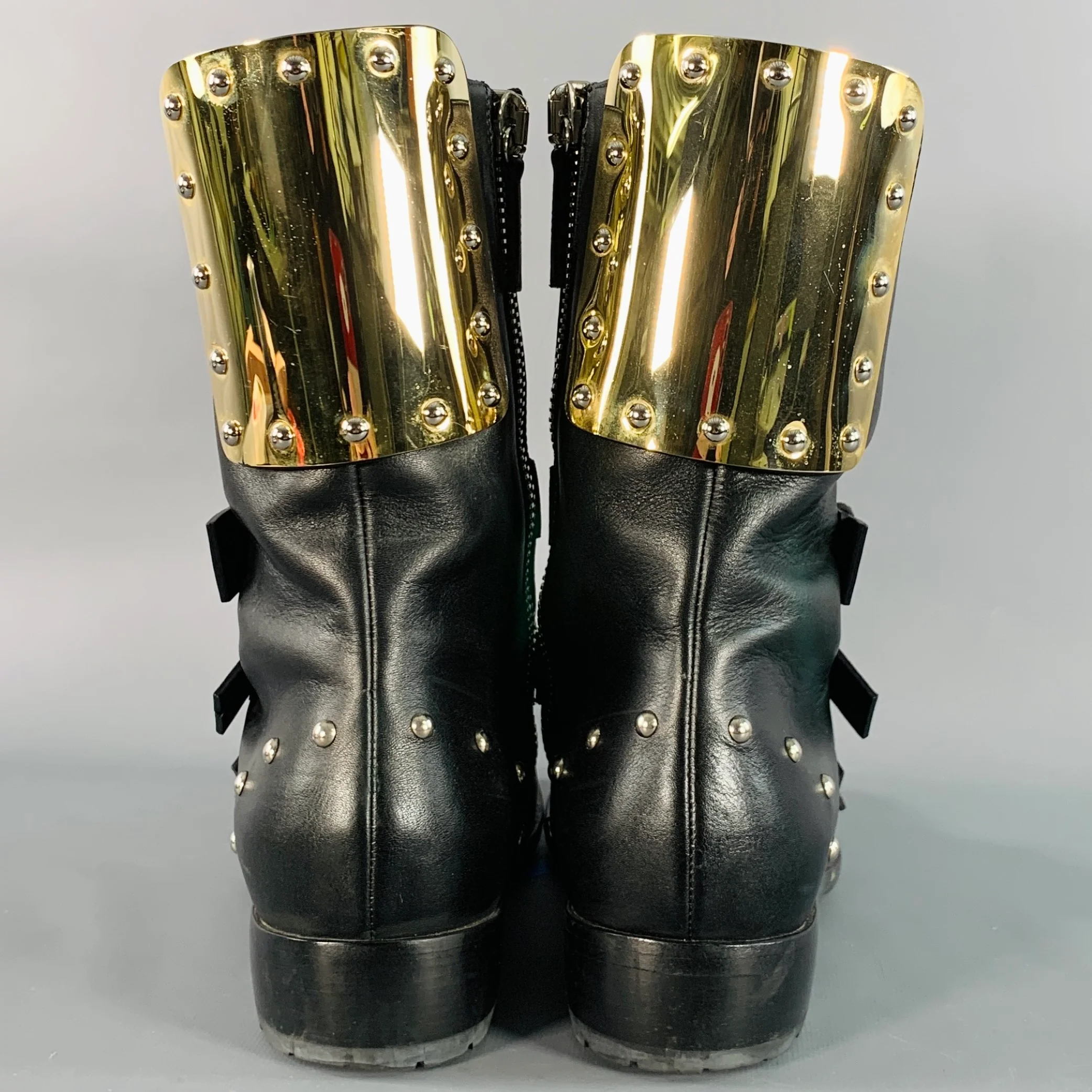 GIUSEPPE ZANOTTI Size 7 Black Gold Leather Metal Buckles Lace-Up Zipper Boots - Image 3