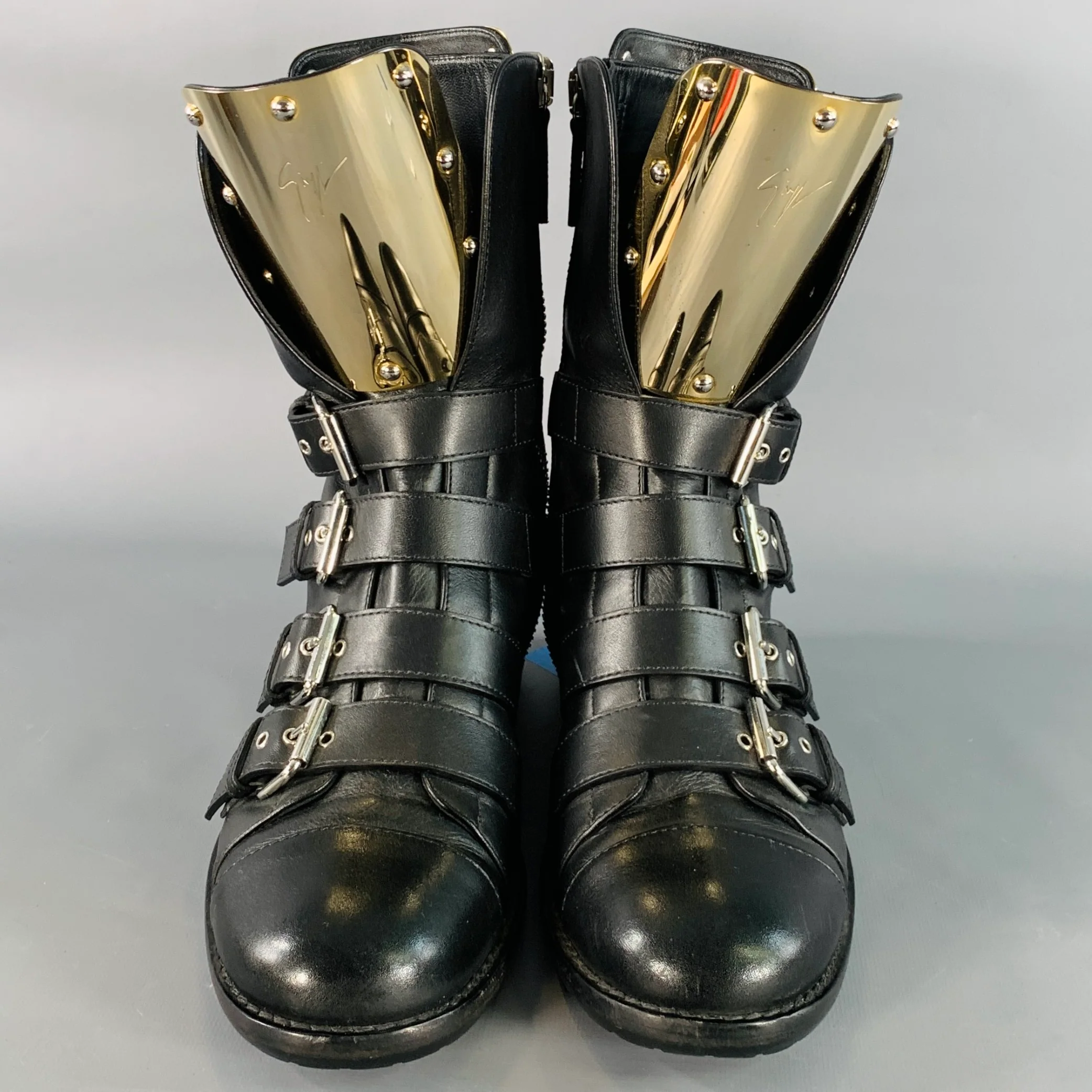 GIUSEPPE ZANOTTI Size 7 Black Gold Leather Metal Buckles Lace-Up Zipper Boots - Image 4