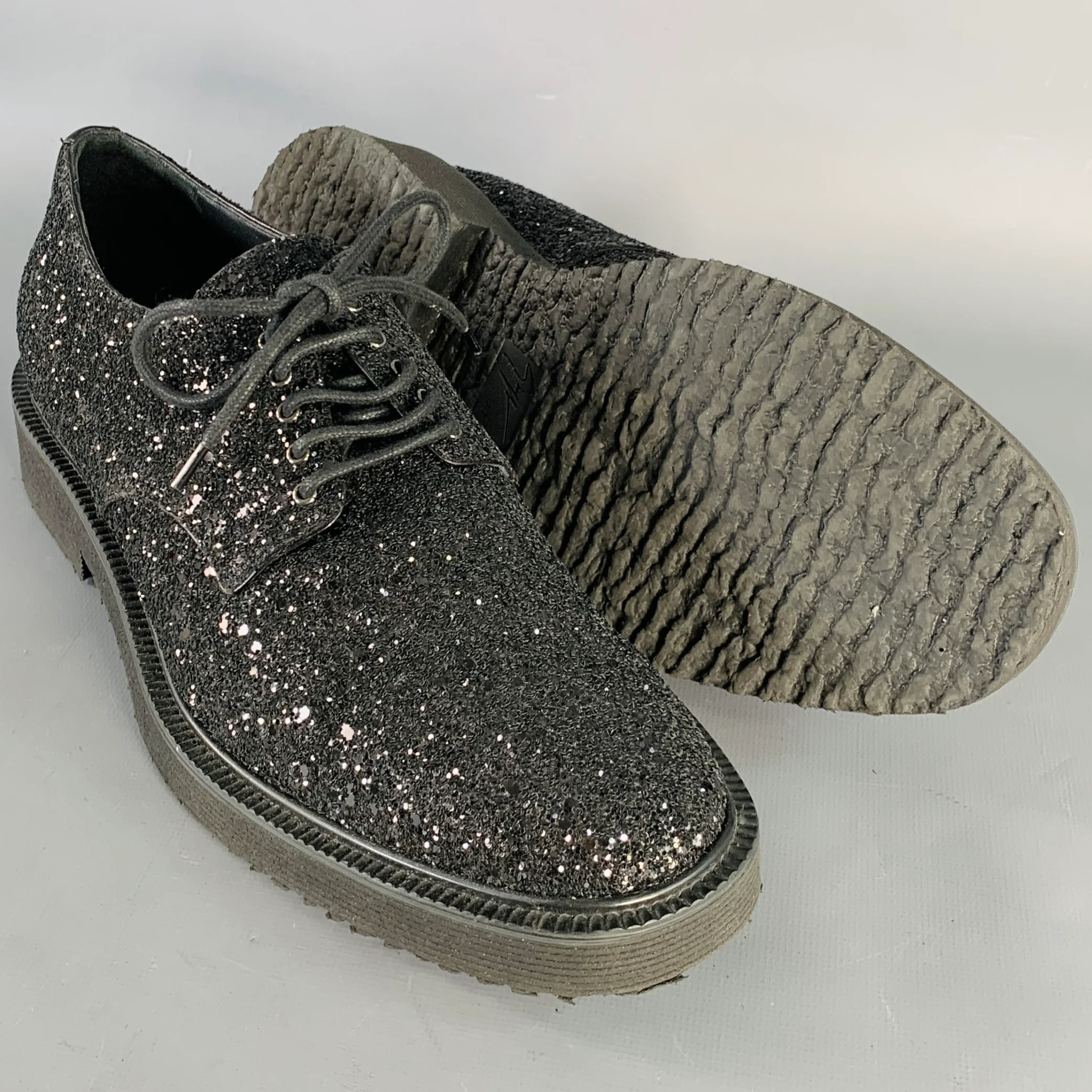 GIUSEPPE ZANOTTI Size 8 Black Glitter Leather Derby Lace-Up Shoes - Image 5
