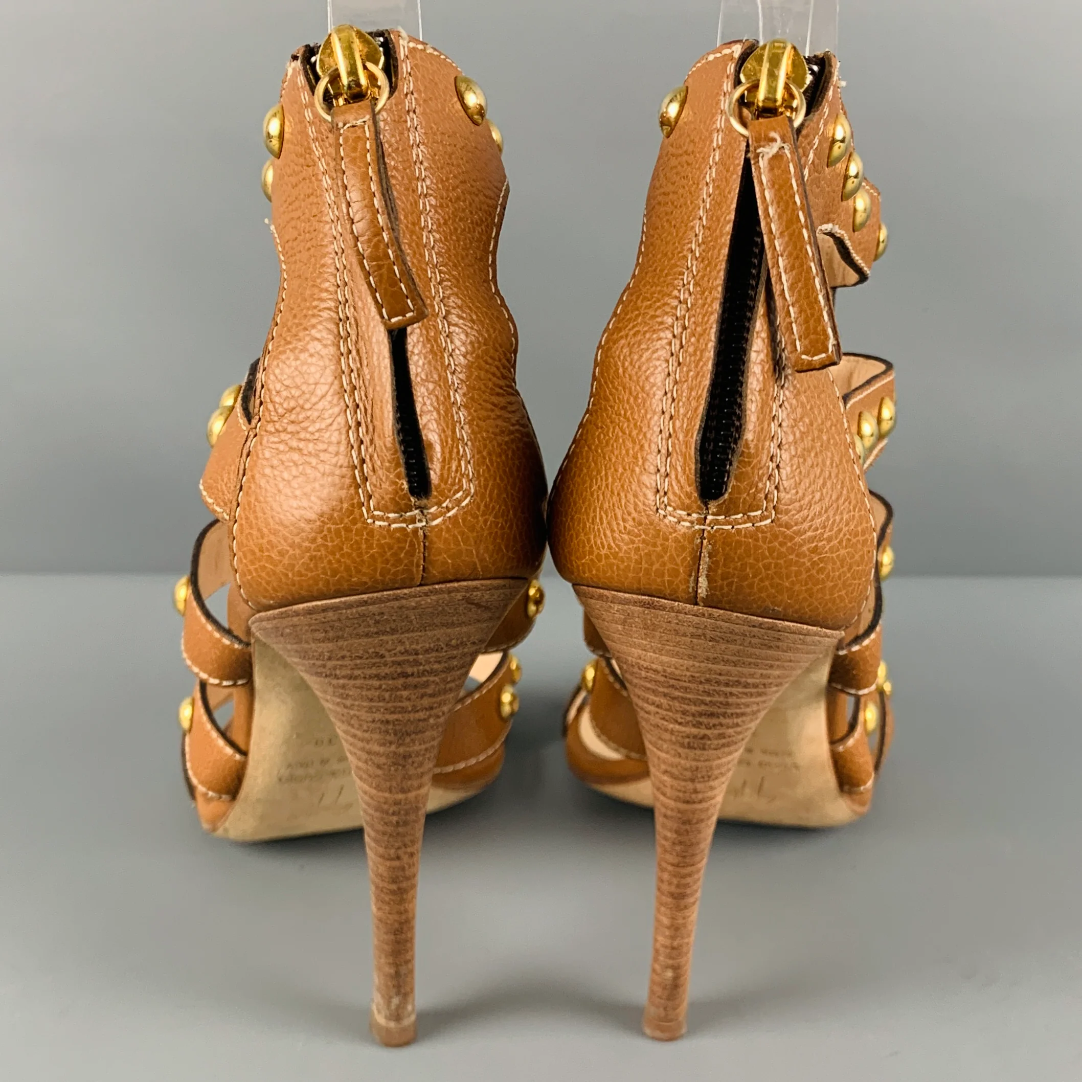 GIUSEPPE ZANOTTI Size 8 Brown Gold Leather Studded Ankle Sandals - Image 3
