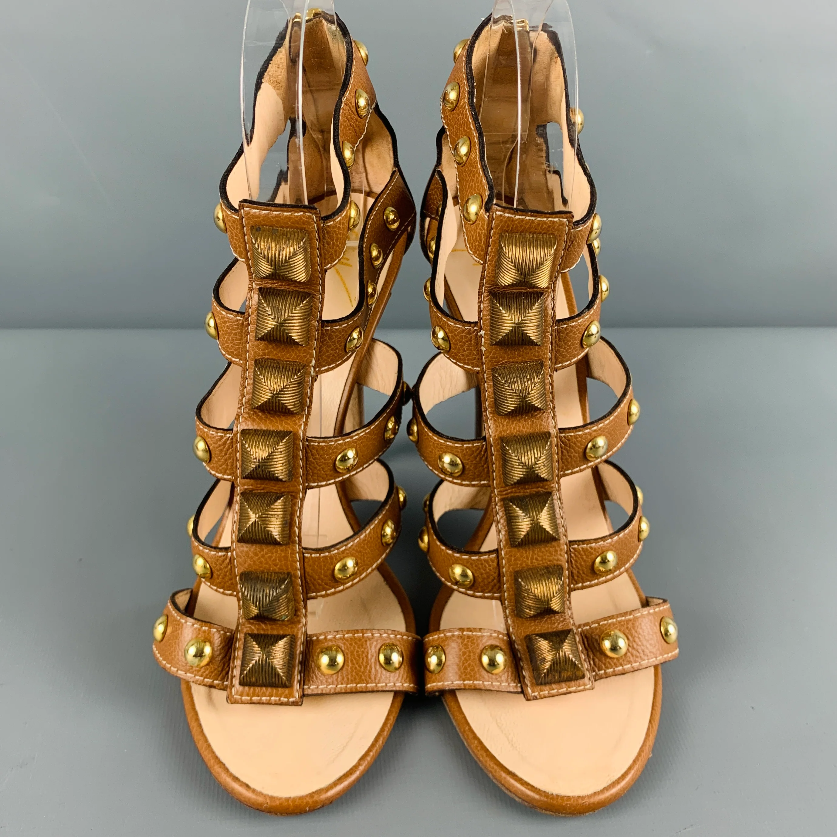 GIUSEPPE ZANOTTI Size 8 Brown Gold Leather Studded Ankle Sandals - Image 4