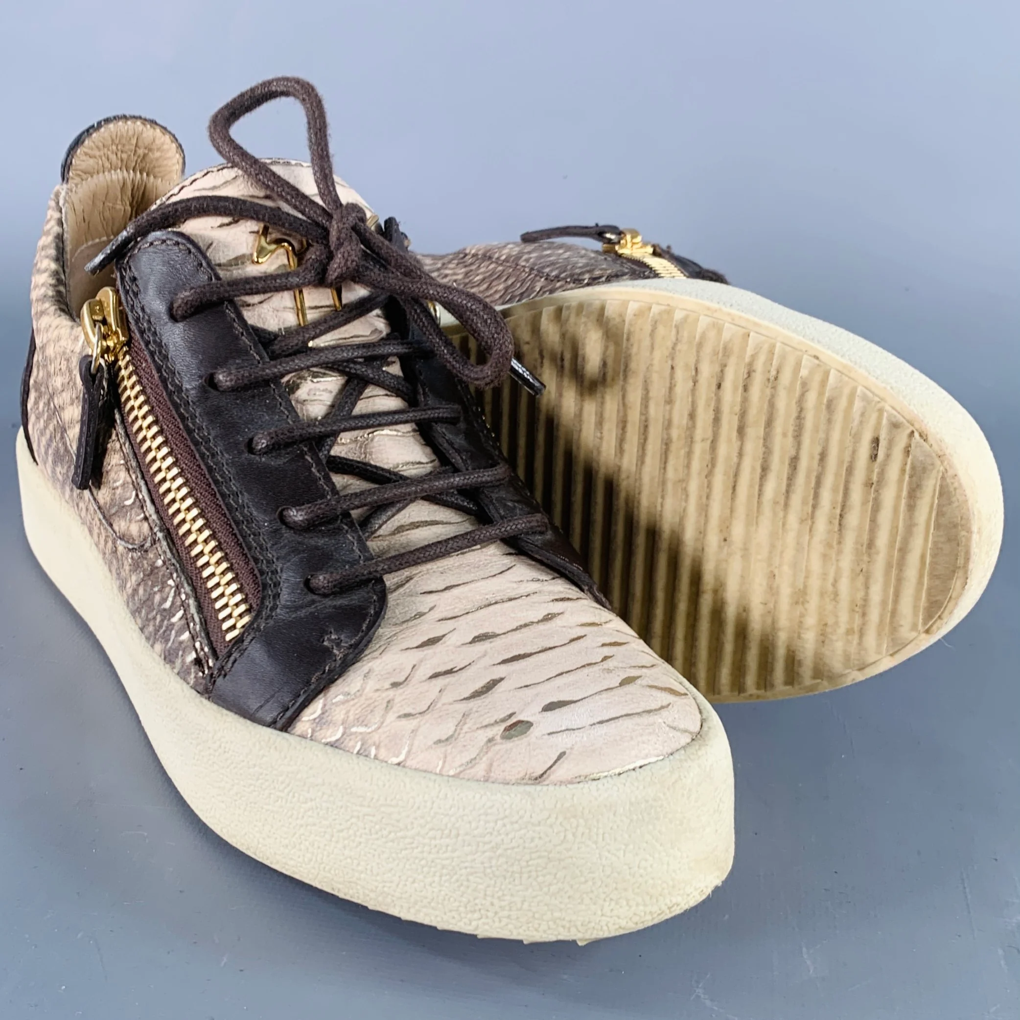 GIUSEPPE ZANOTTI Size 9 Beige Brown Leather Textured Double Side Zipper Sneakers - Image 5