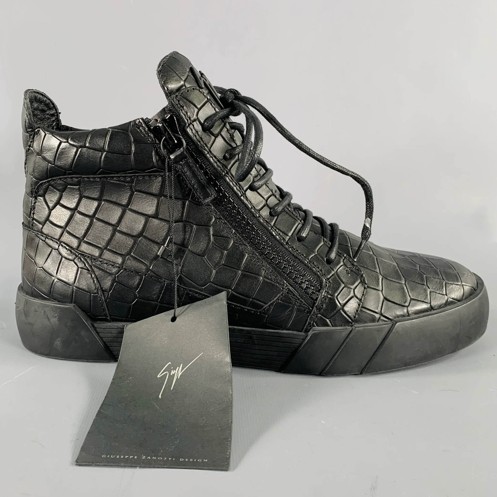 GIUSEPPE ZANOTTI Size 9 Black Croc Embossed Leather High Top Sneakers - Image 2