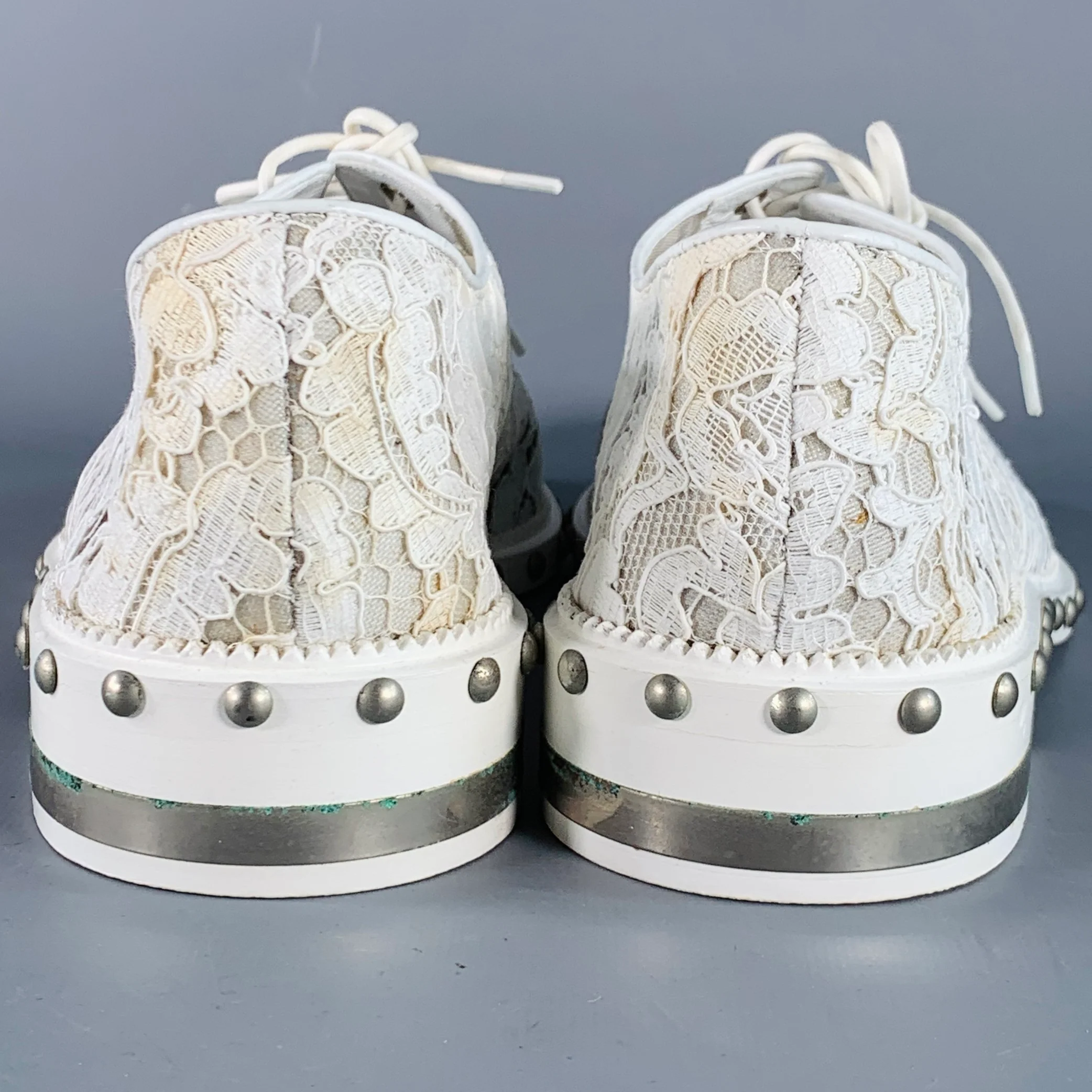 GIVENCHY Size 10 White Leather Lace Studded Derby Shoes - Image 3