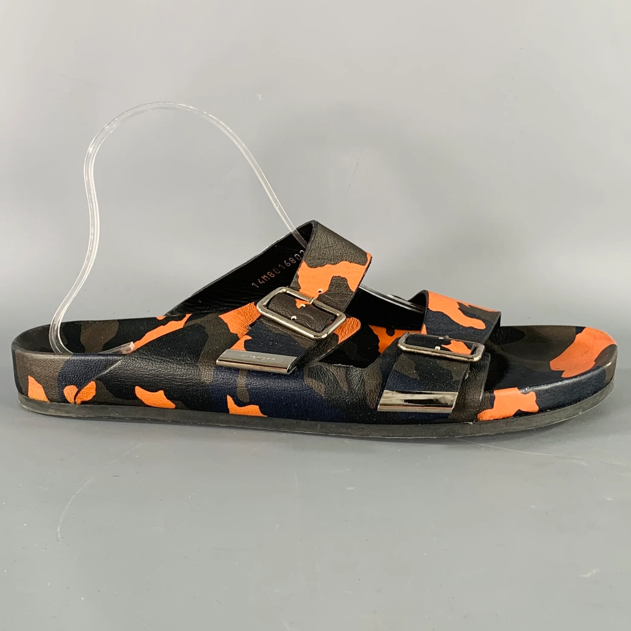 GIVENCHY Size 11 Black Green & Orange Camouflage Leather Slide Sandals - Image 2
