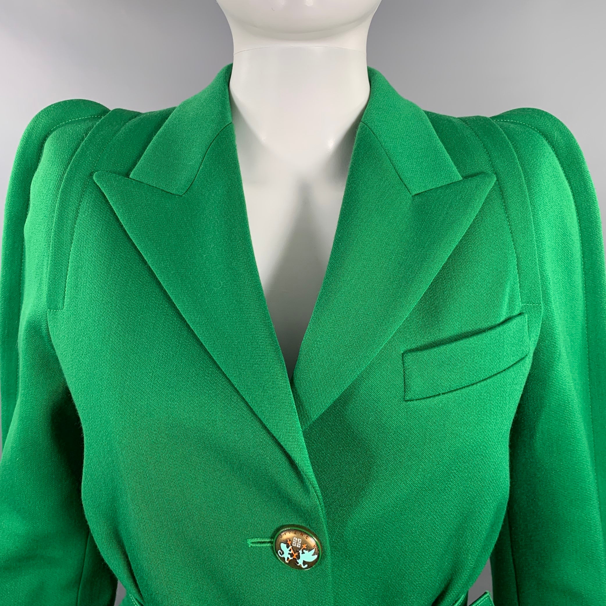 GIVENCHY Size 4 Green Polyester Wool Single Breasted Belted Jacket - Image 3