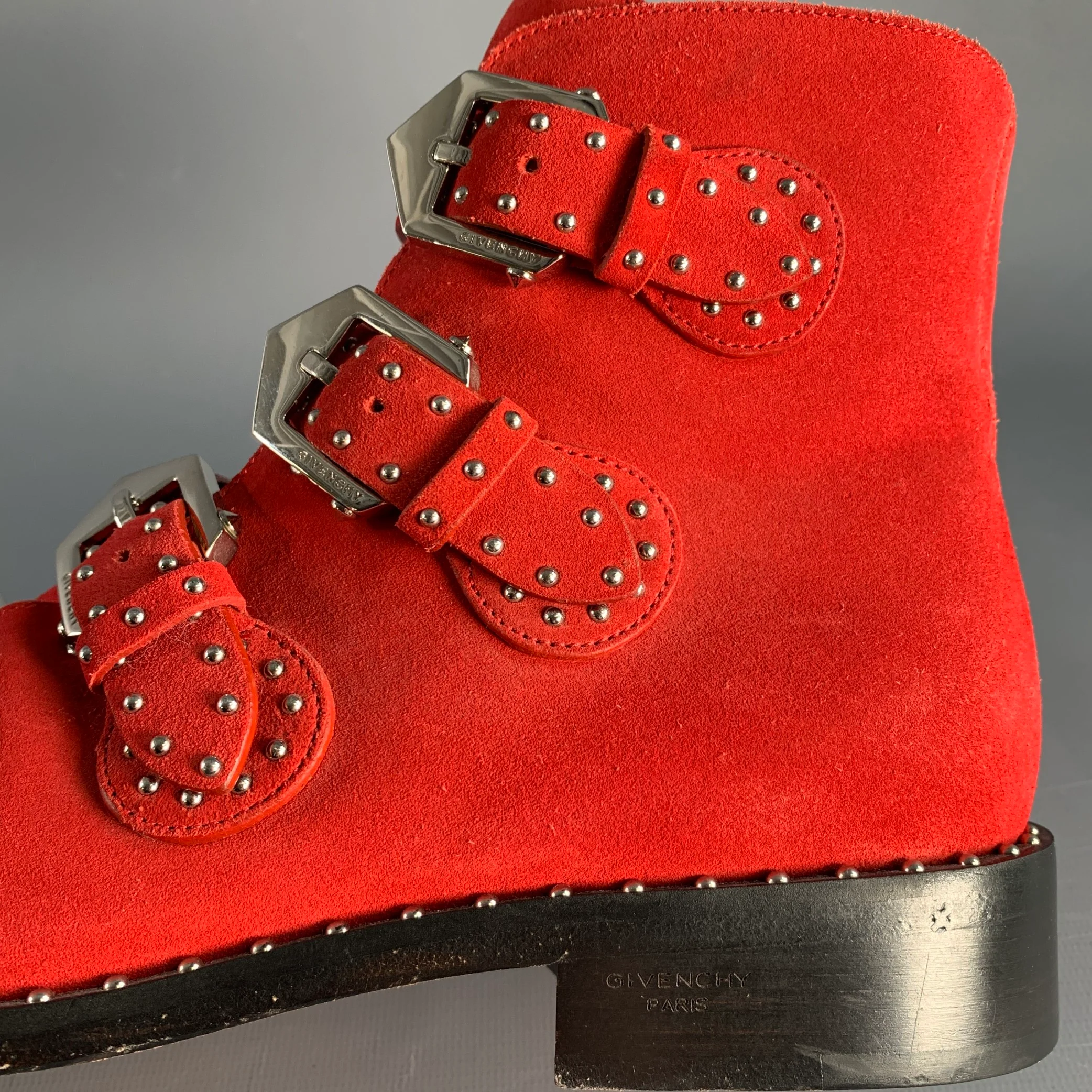 GIVENCHY Size 9 Red Studded Leather Belted Boots - Image 7