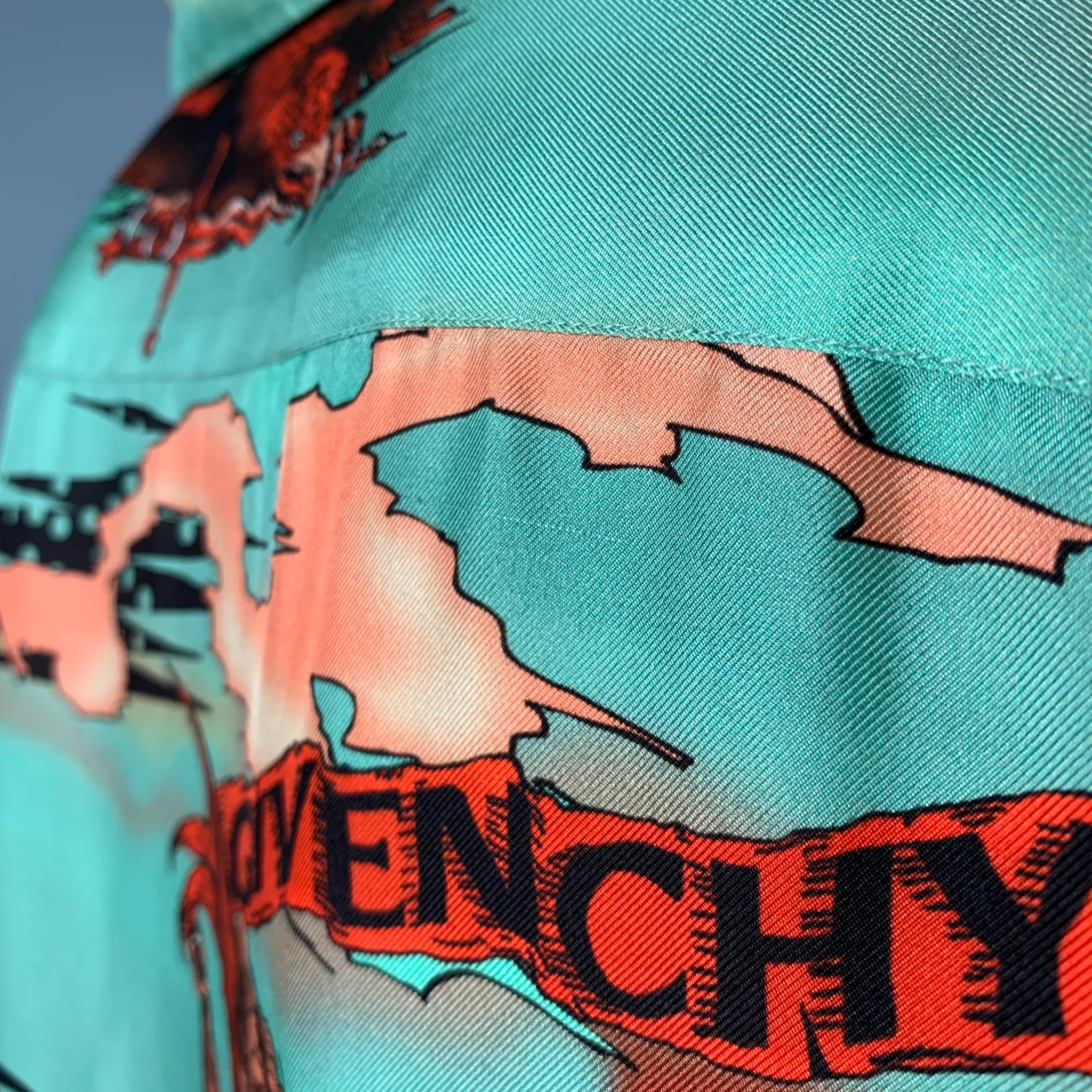 GIVENCHY Size L Green Red Orange Print Silk Camp Short Sleeve Shirt - Image 5