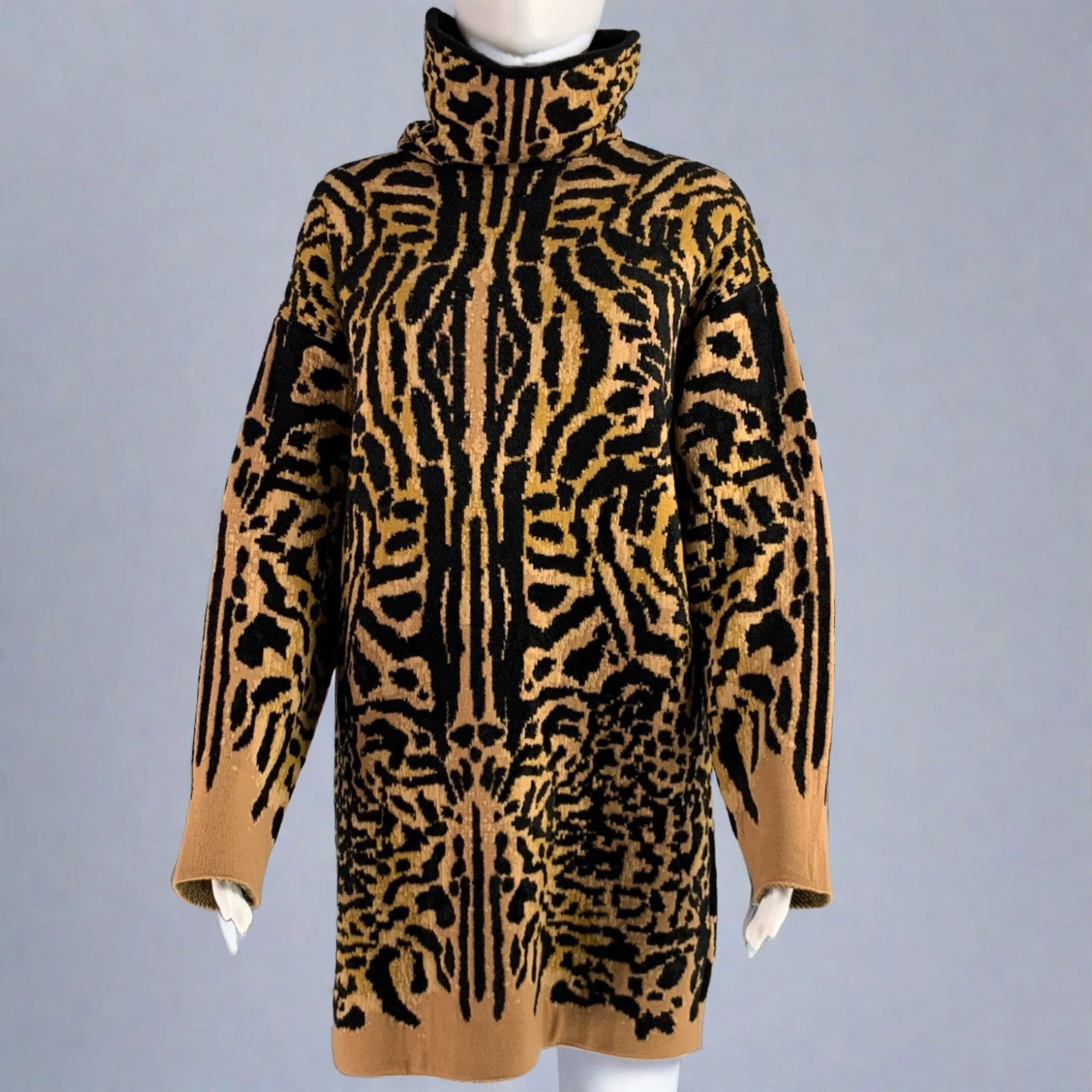 GIVENCHY Size XS Black Camel Wool Blend Leopard Turtleneck Sweater