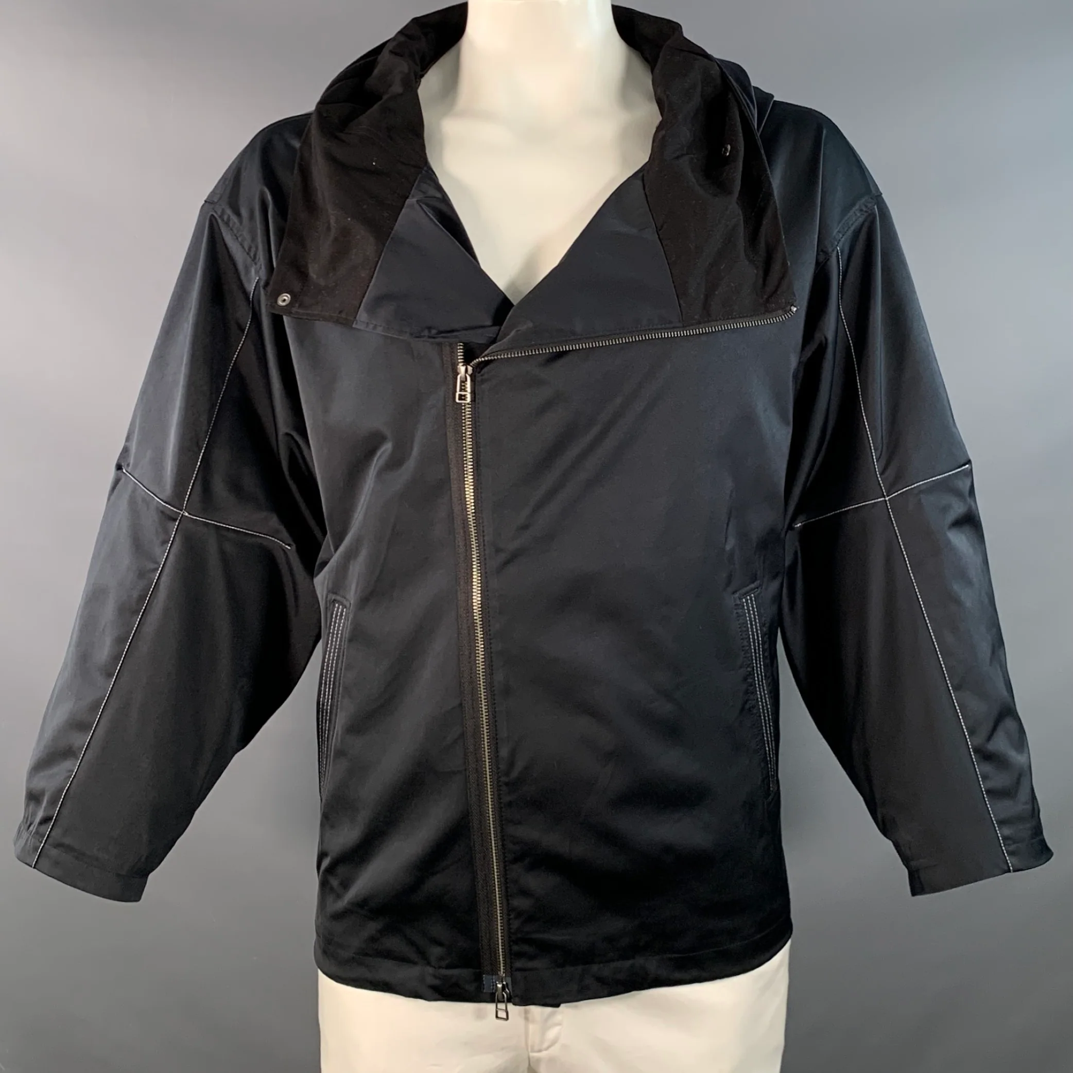 GLAMB Size L Black White Polyester Blend Contrast Stitch Hooded Jacket
