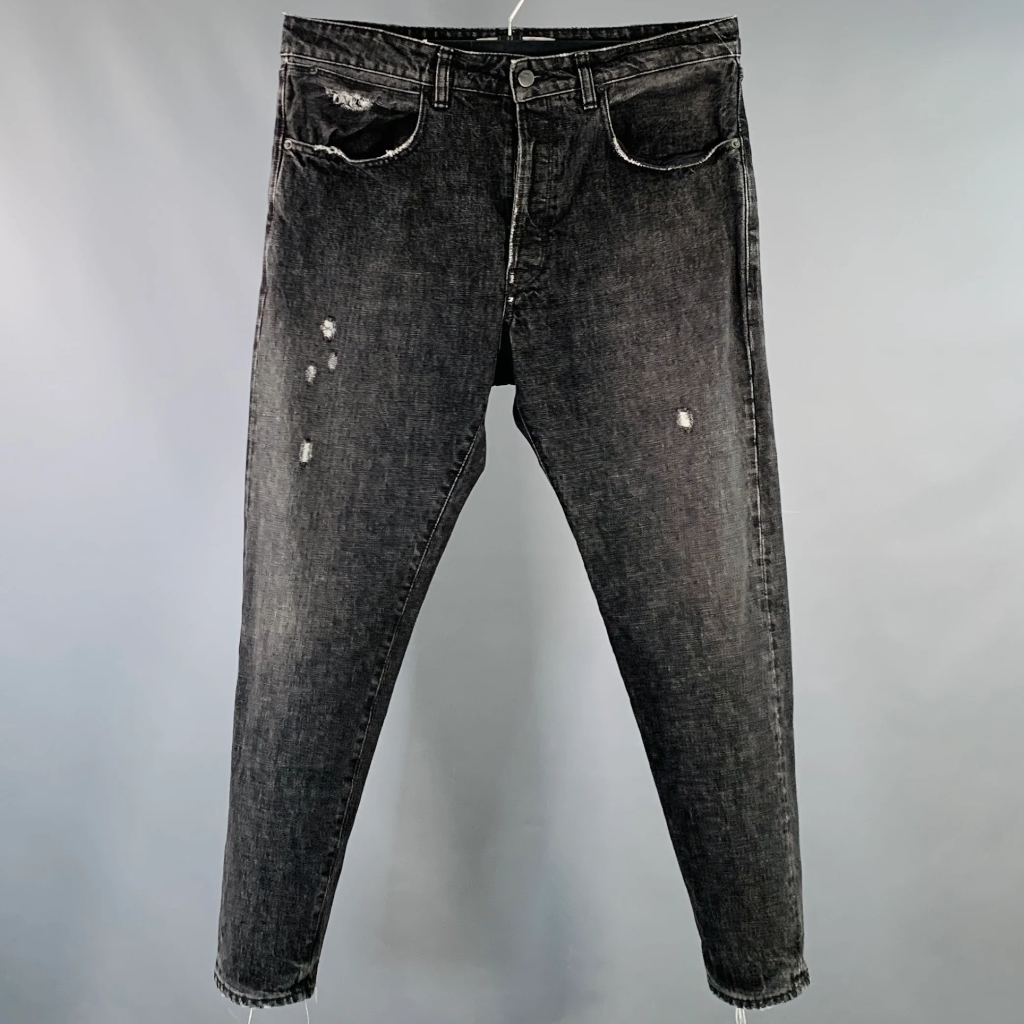 GOLDEN GOOSE Size 34 Black Washed Selvedge Denim Tapered Distressed Jeans