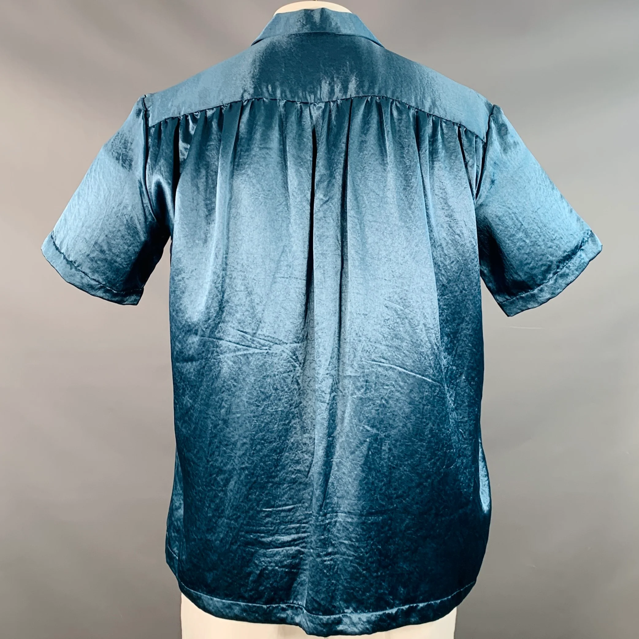 GOODFIGHT Size L Blue Grey Venus Fly Trap Embroidery Satin Camp Short Sleeve Shirt - Image 4