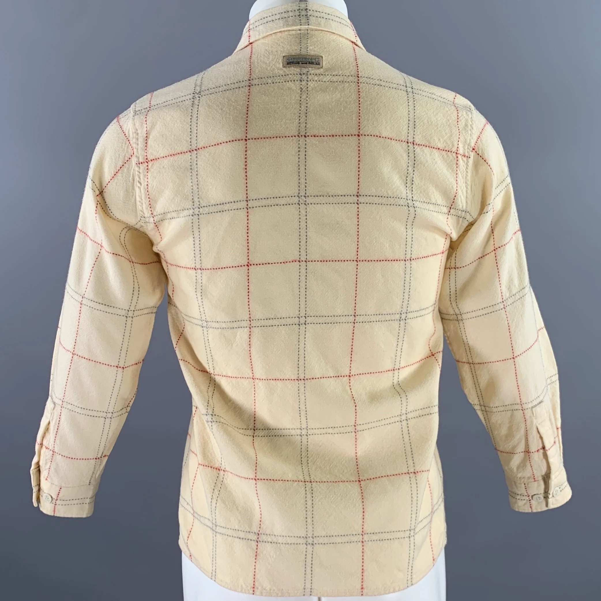GREENCLUB Size S Cream Red Grey Stiched Plaid Wool Long Sleeve Shirt - Image 4