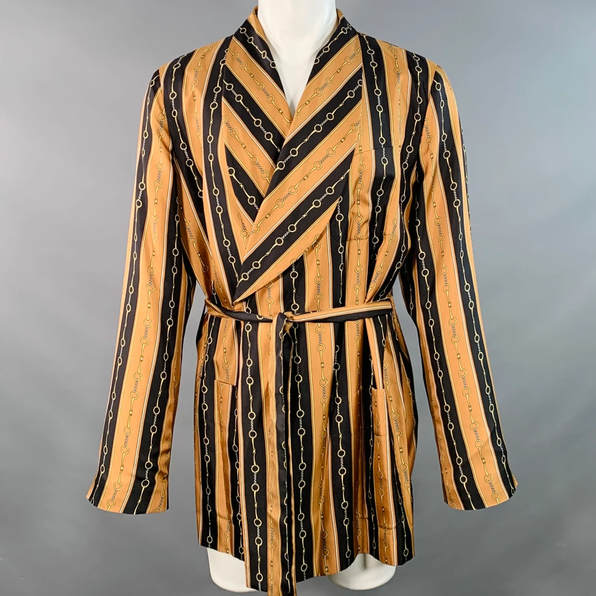 GUCCI 2019 Size 40 Black Brown Gold Chain Silk Dressing Gown Robe Coat