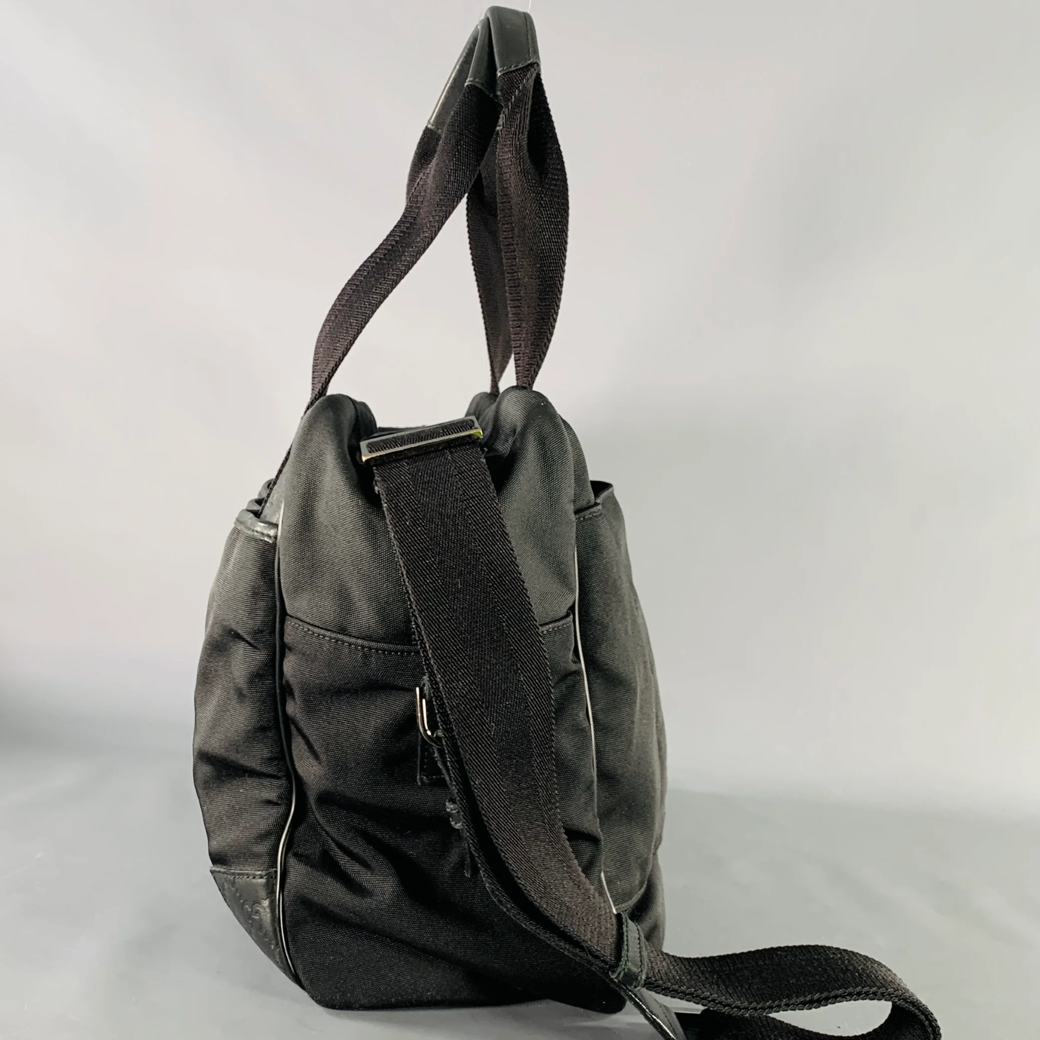 GUCCI Black Guccissima Monogram Nylon Leather Trim Top Handles Messenger Bag - Image 5