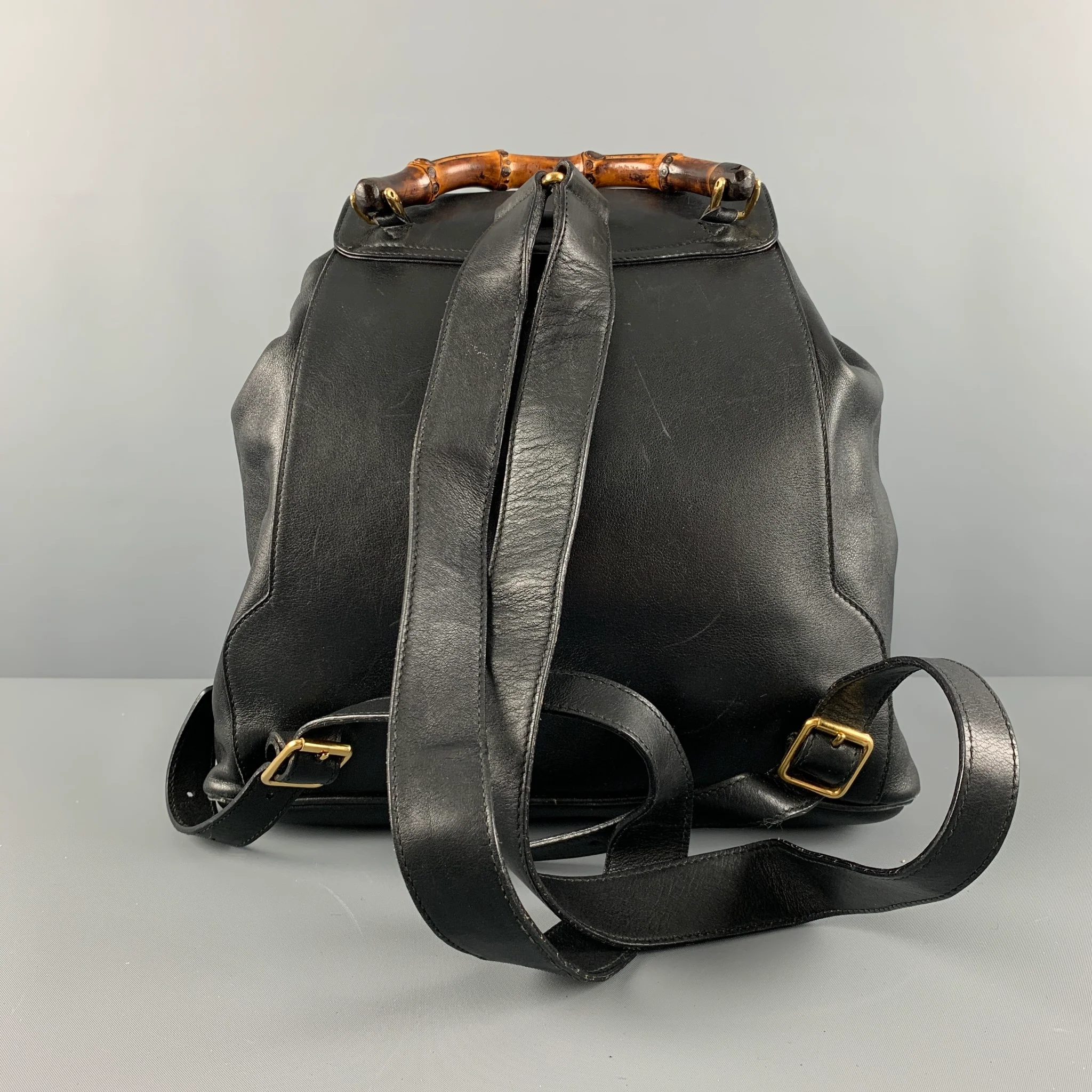 GUCCI Black Leather Bamboo Backpack Handbag - Image 3