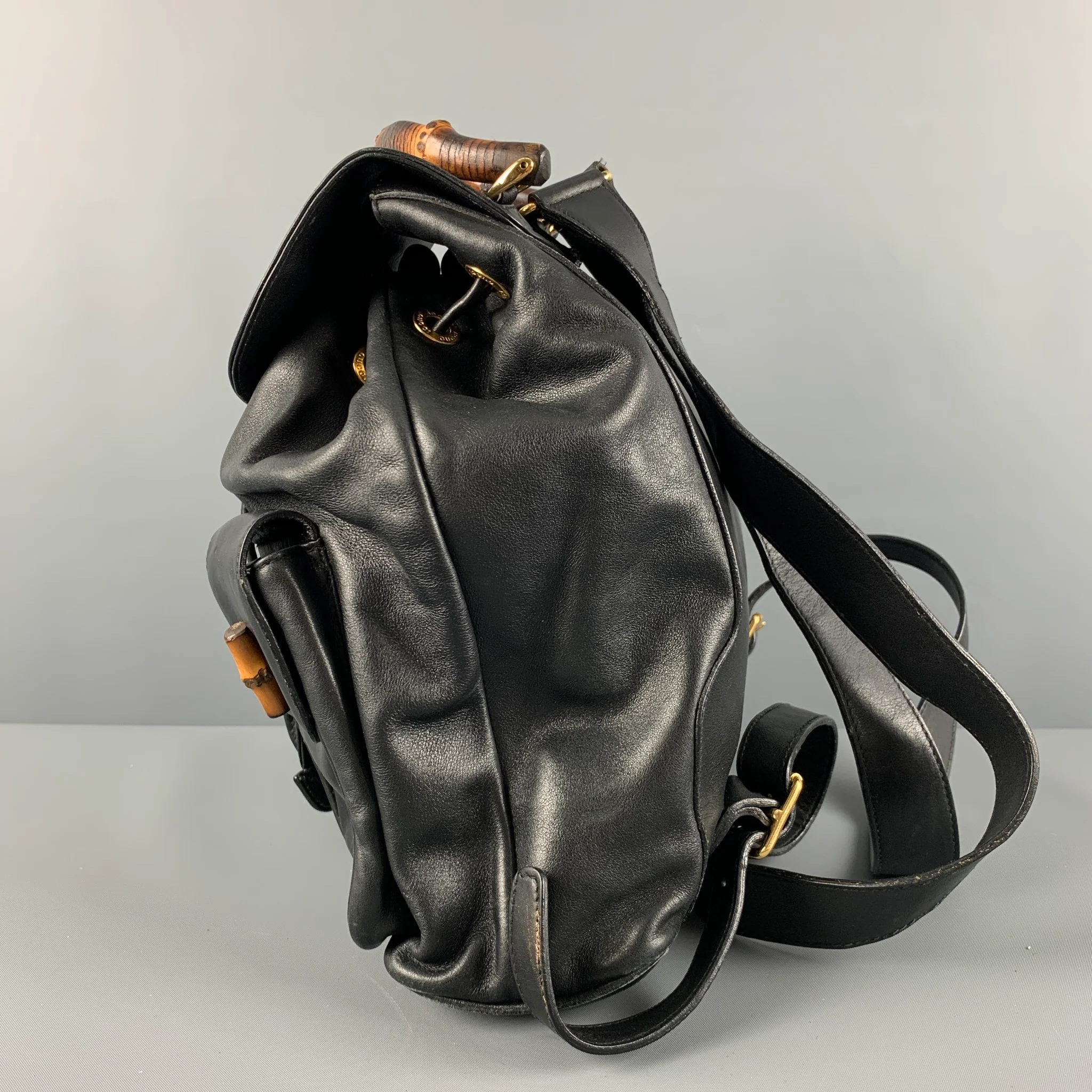 GUCCI Black Leather Bamboo Backpack Handbag - Image 4