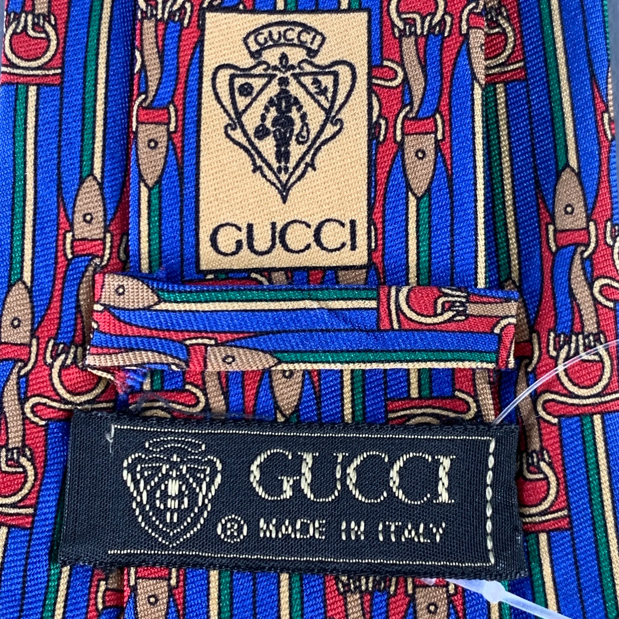 GUCCI Blue Red Equestrian Stripe Silk Tie - Image 4