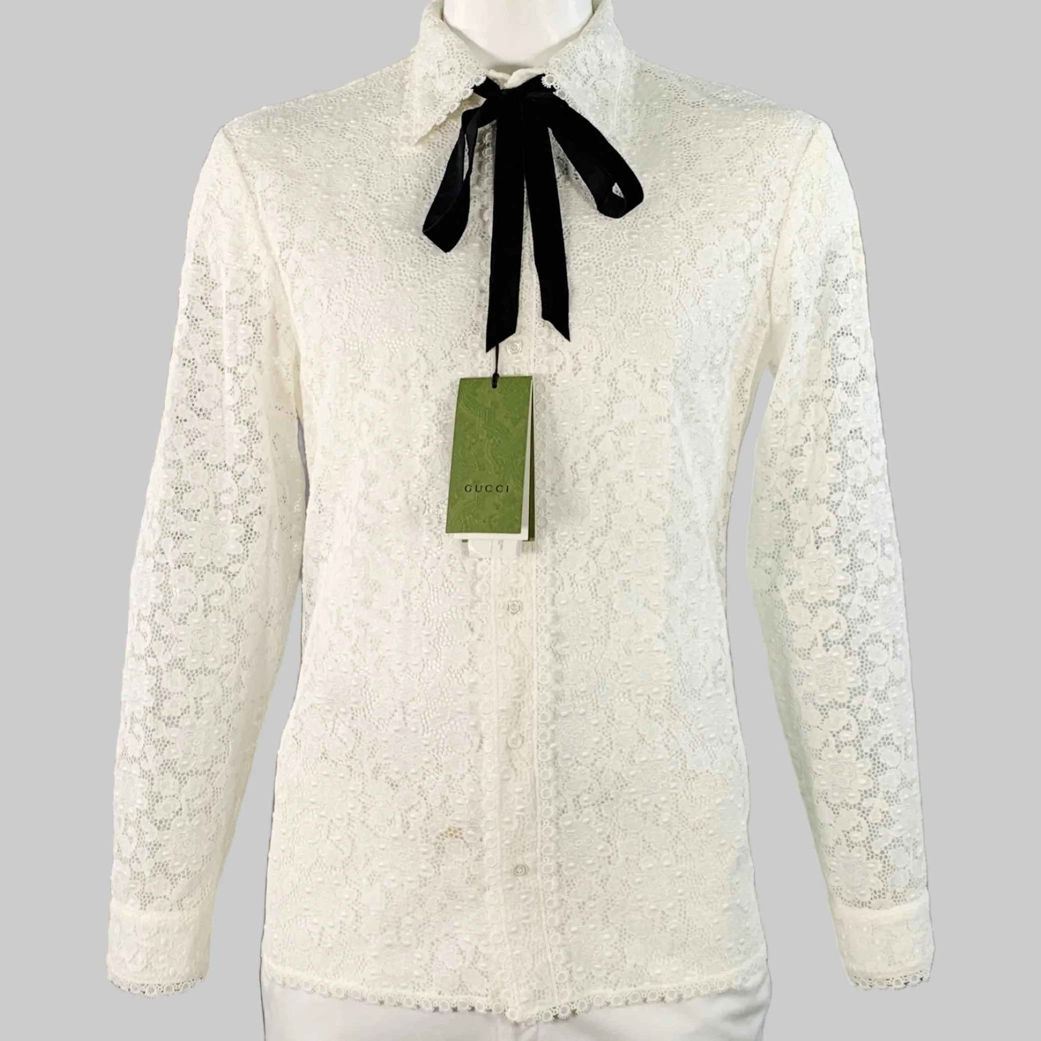 GUCCI by ALESSANDRO MICHELE Size L White Macrame Lace Cotton Blend Bow Long Sleeve Shirt