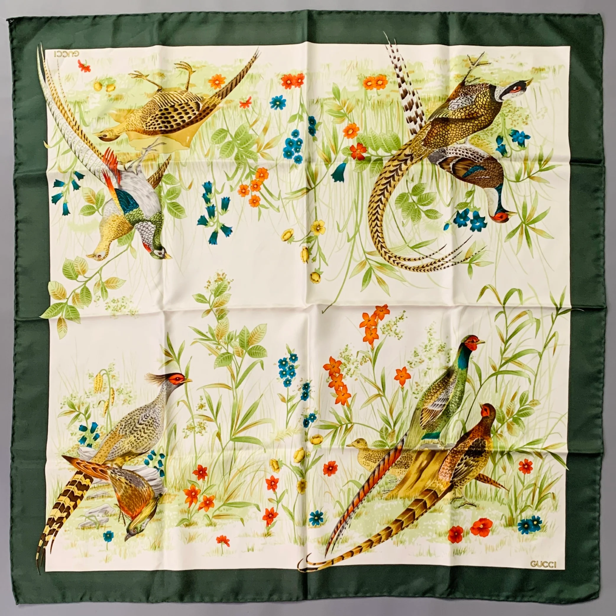 GUCCI Green Multi Color Birds Silk Square Scarf Shawl