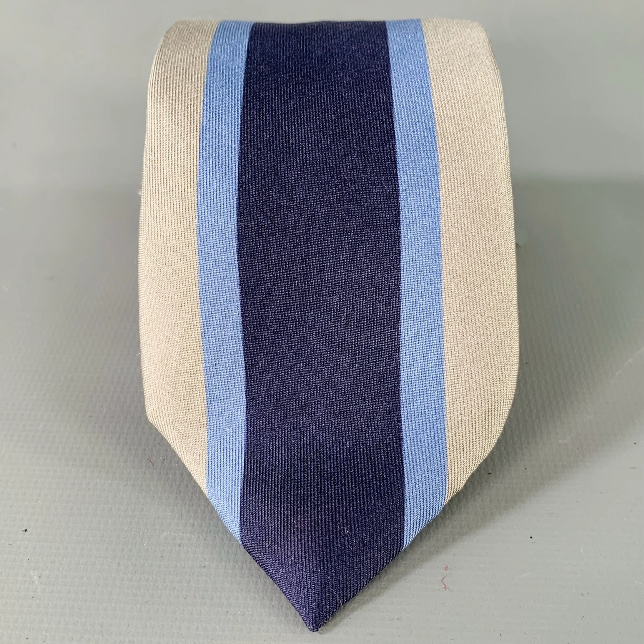 PRADA Grey Navy Blue Stripe Silk Skinny Tie