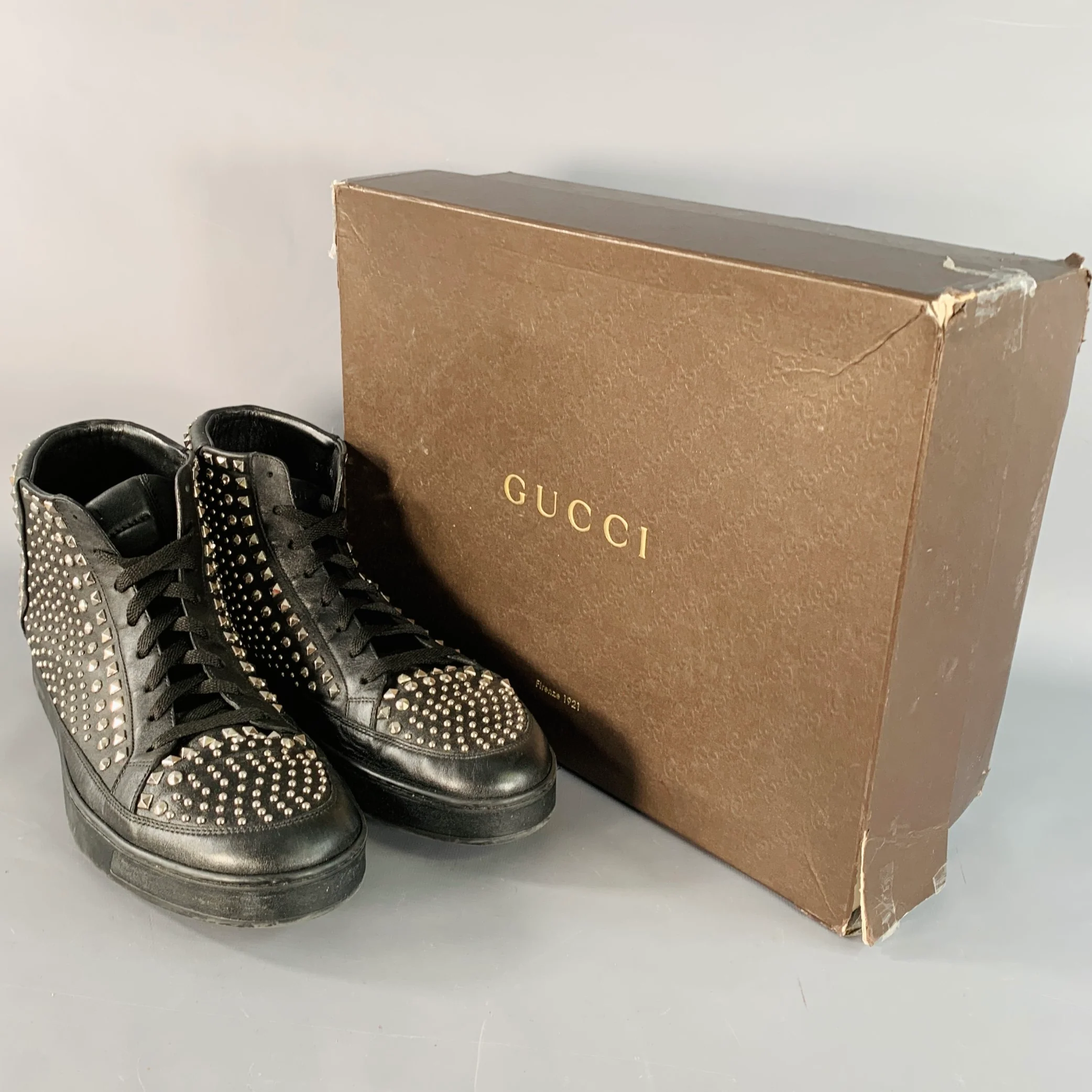 GUCCI Limited Edition Size 14 Black Silver Studded Leather High Top Sneakers - Image 9
