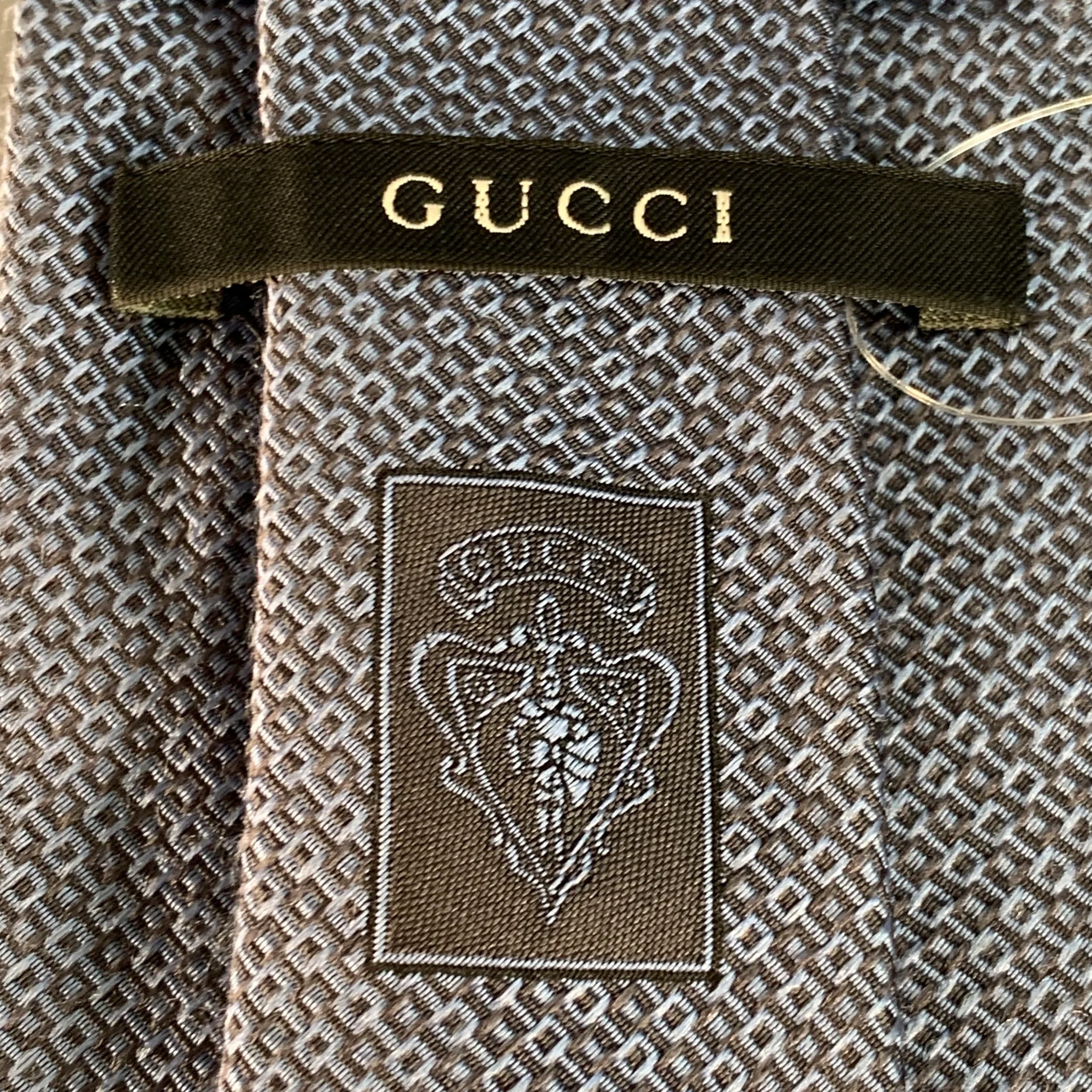 GUCCI One Size Blue Grey Checkered Silk Tie - Image 4