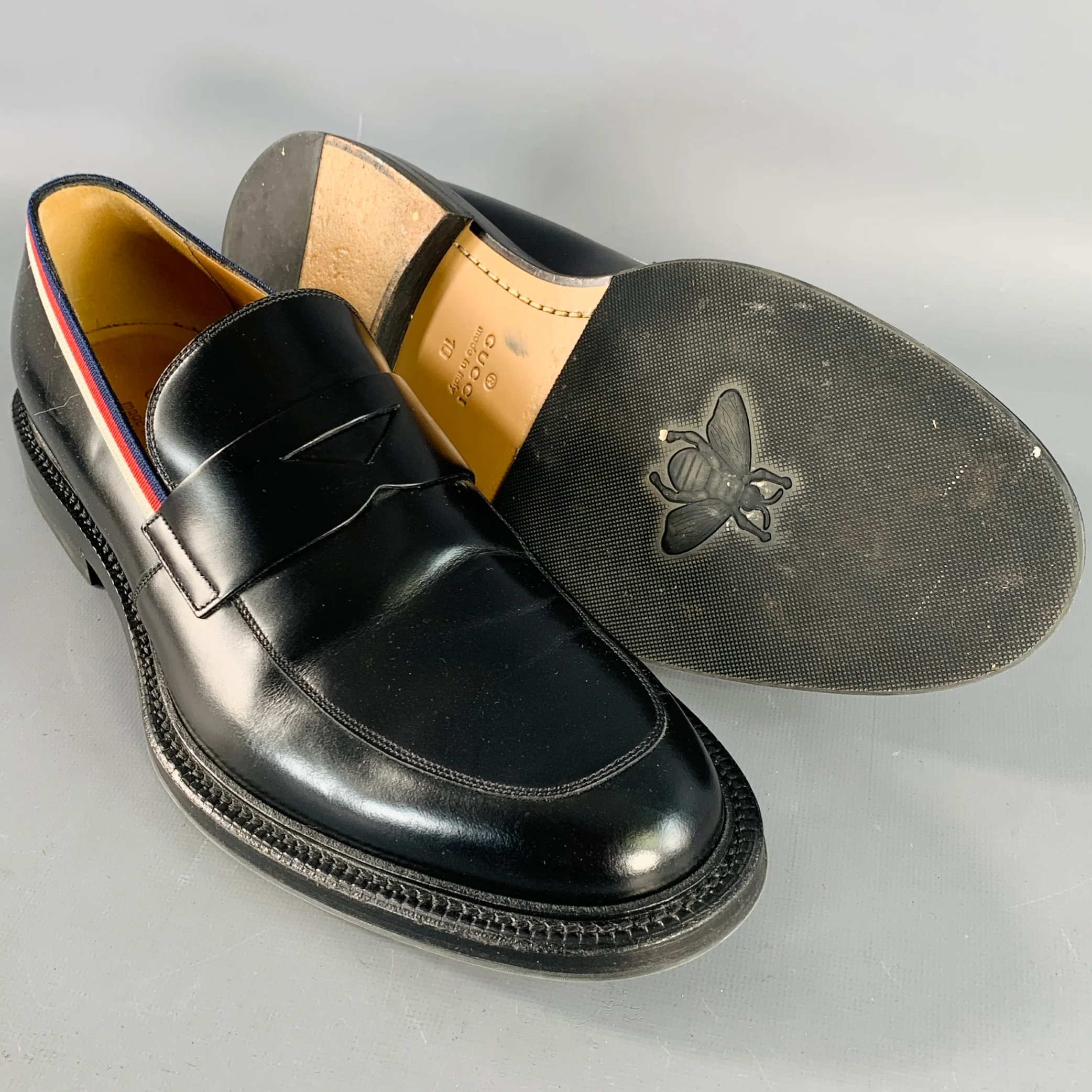 GUCCI Size 10.5 Black Red Blue Contrast Trim Leather Penny Loafers - Image 5