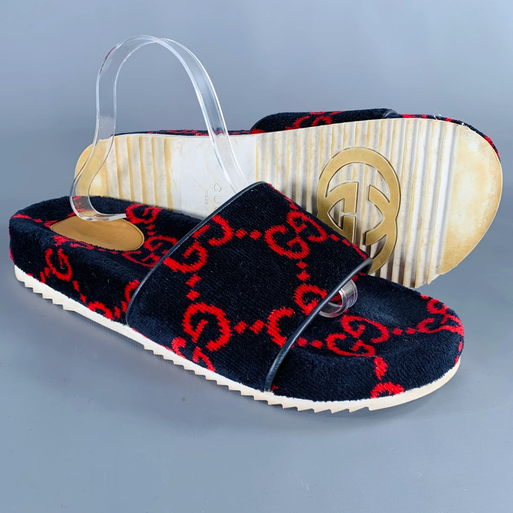 GUCCI Size 10.5 Black Red Guccissima Monogram Velvet Slip On Sandals - Image 5
