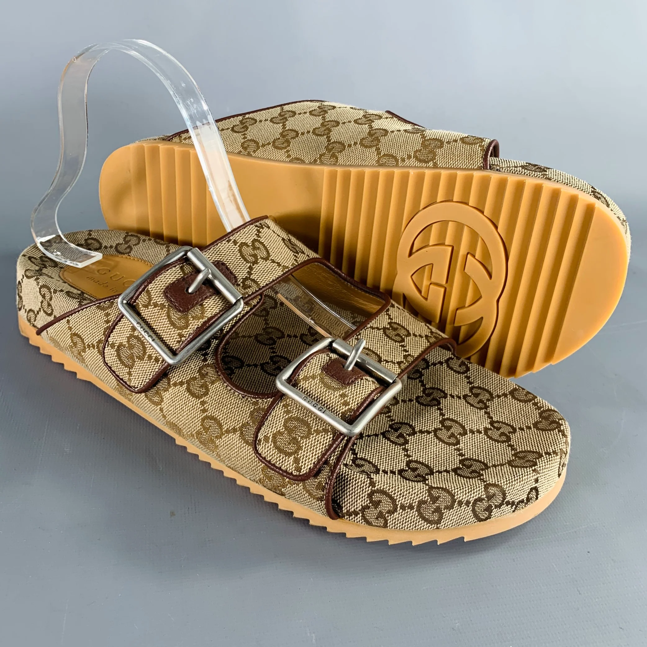 GUCCI Size 10.5 Brown Guccissima Monogram Canvas Double Buckle Sandals - Image 5