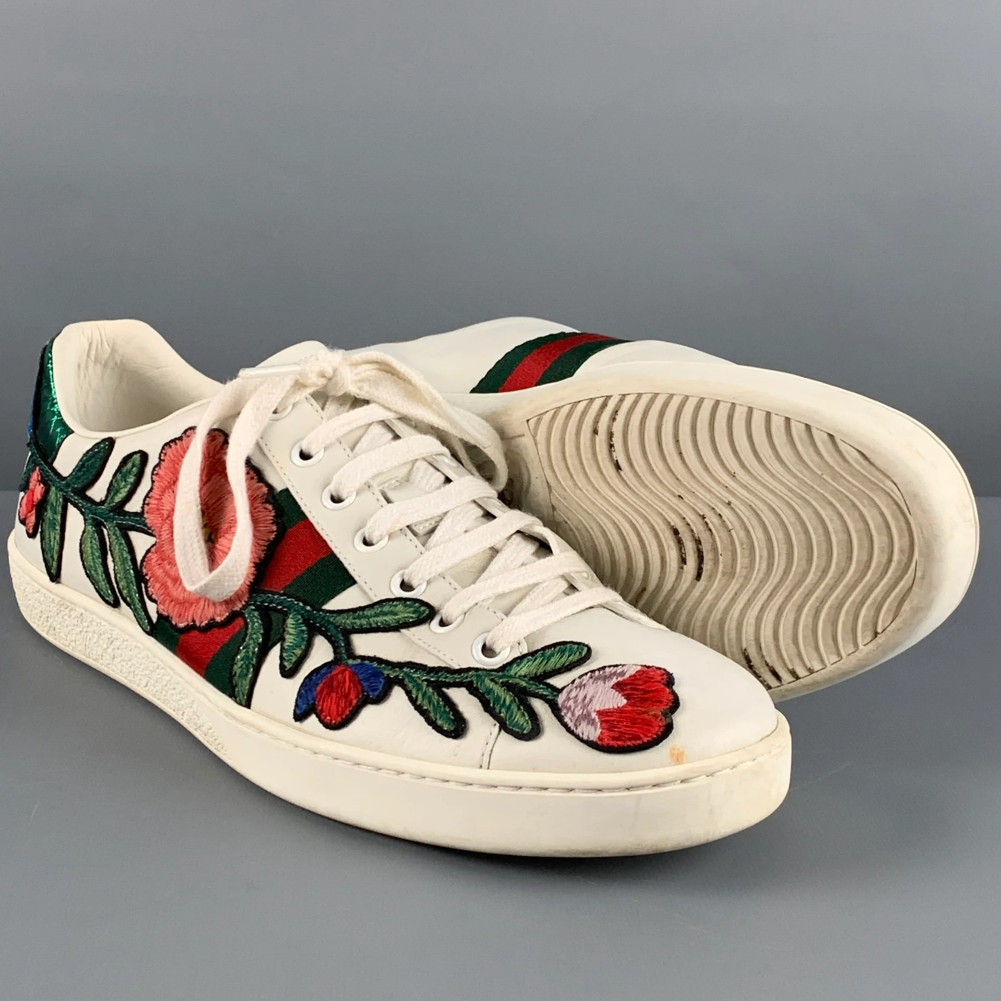 GUCCI Size 10.5 White Multi-Color Leather Embroidered Low Top Sneakers - Image 5