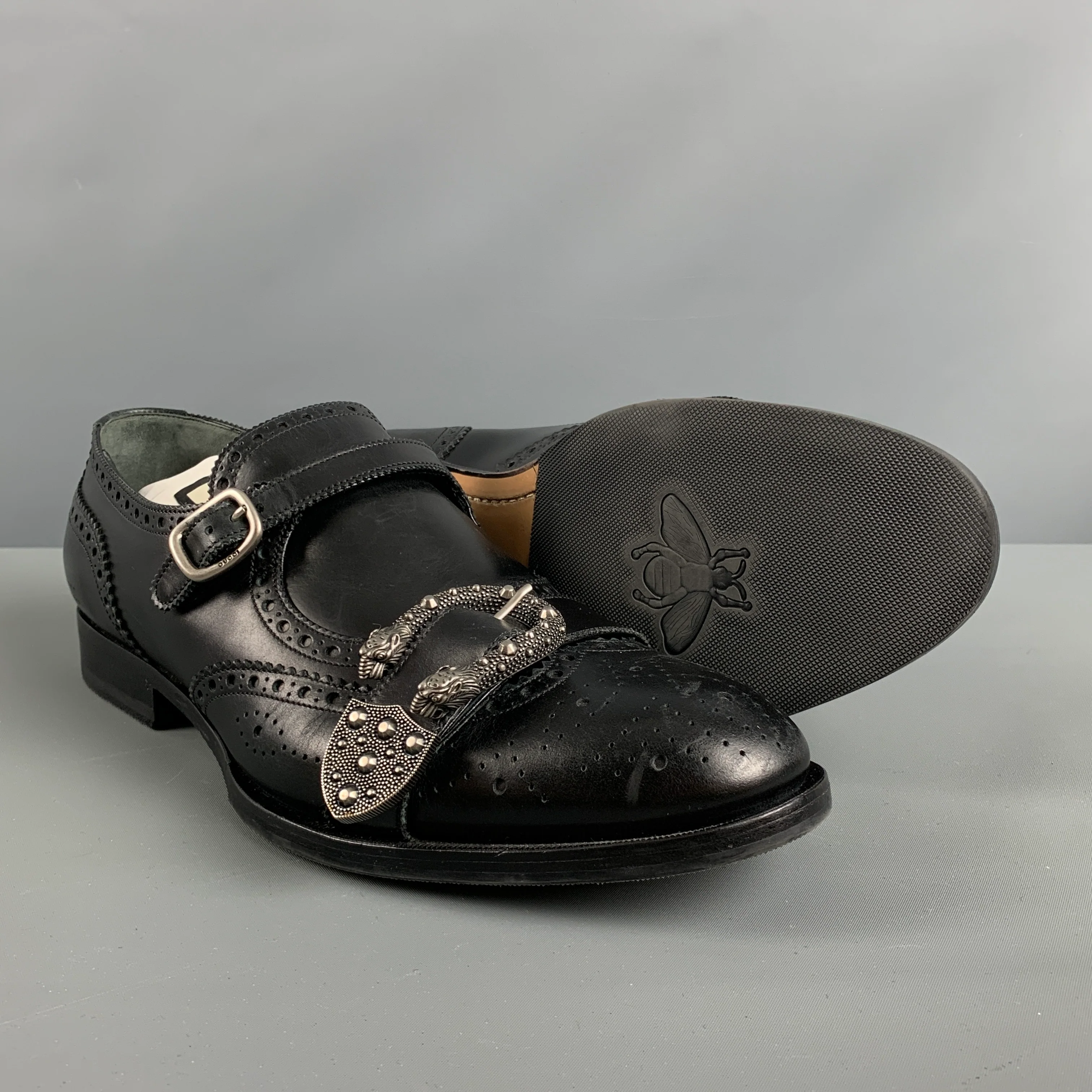 GUCCI Size 11.5 Black Wingtip Leather Double Monk Strap Loafers - Image 5
