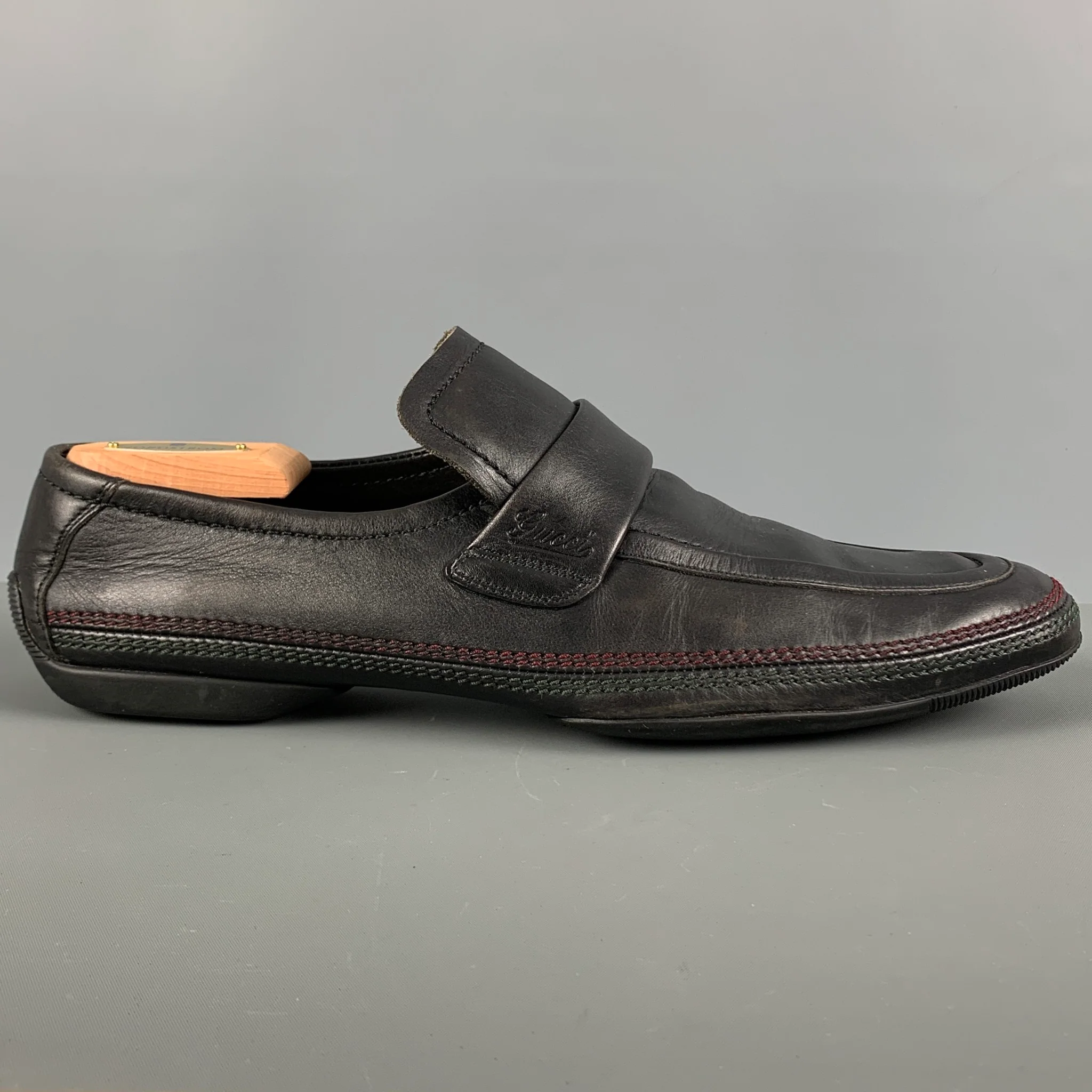 GUCCI Size 12 Black Contrast Stitch Leather Slip On Loafers - Image 3