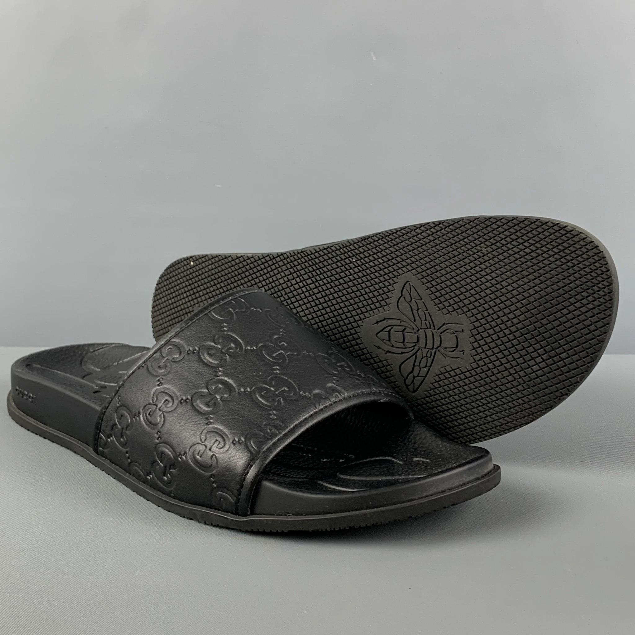 GUCCI Size 12 Black Monogram Leather Slide Sandals - Image 3